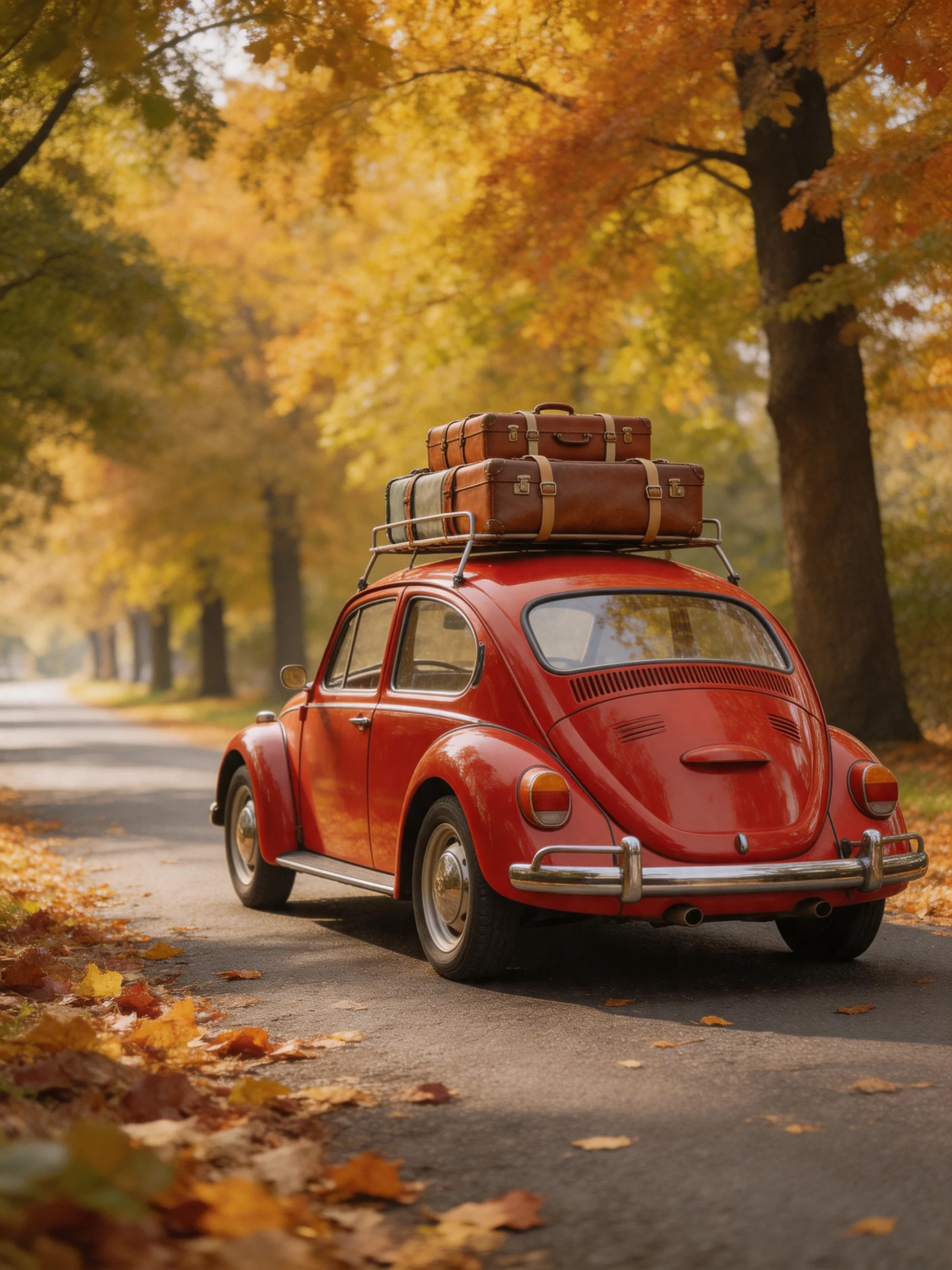 A vintage red Volkswagen Beetle with luggage drives down an autumn tree-lined road