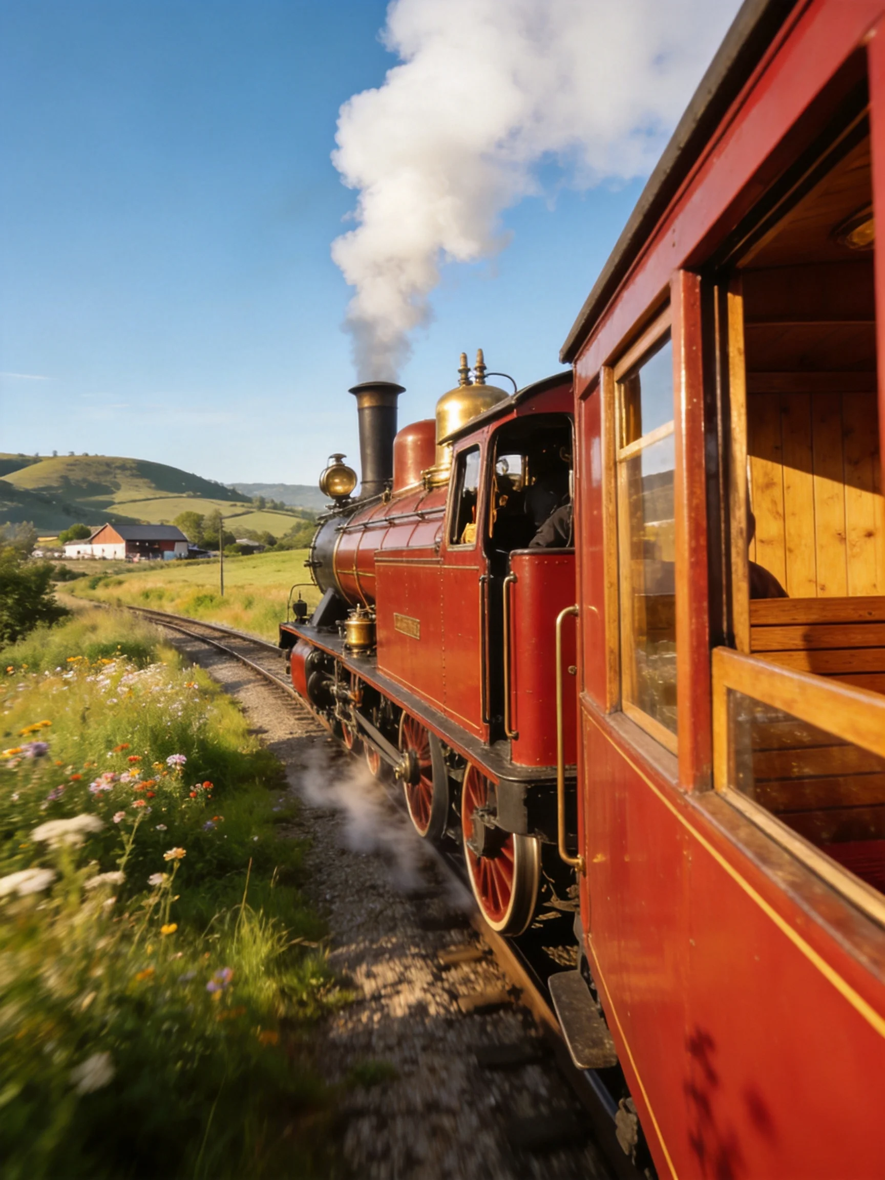 A vintage red steam locomotive travels through a sunny countryside