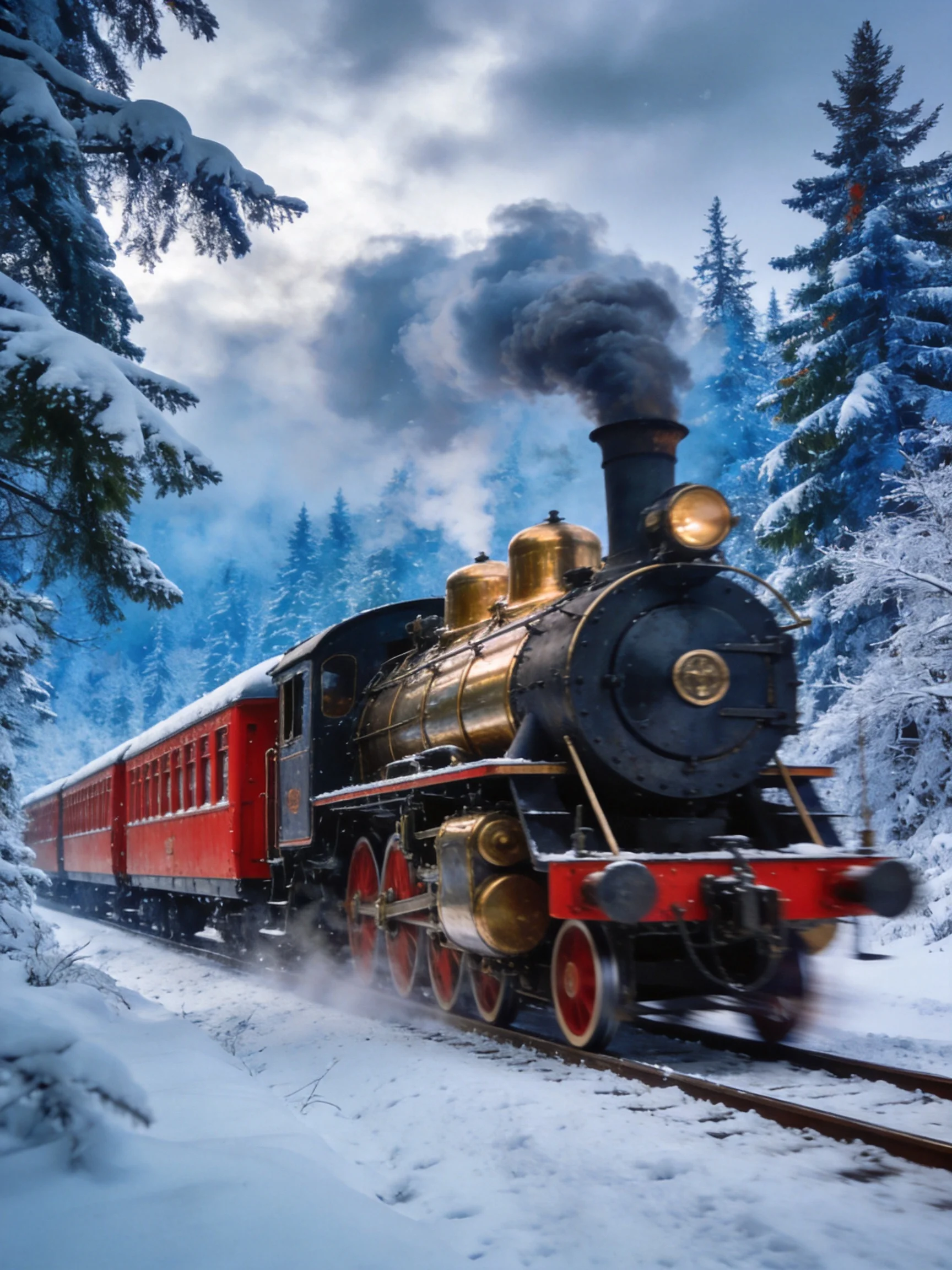 A vintage steam locomotive travels through a snow-covered pine forest