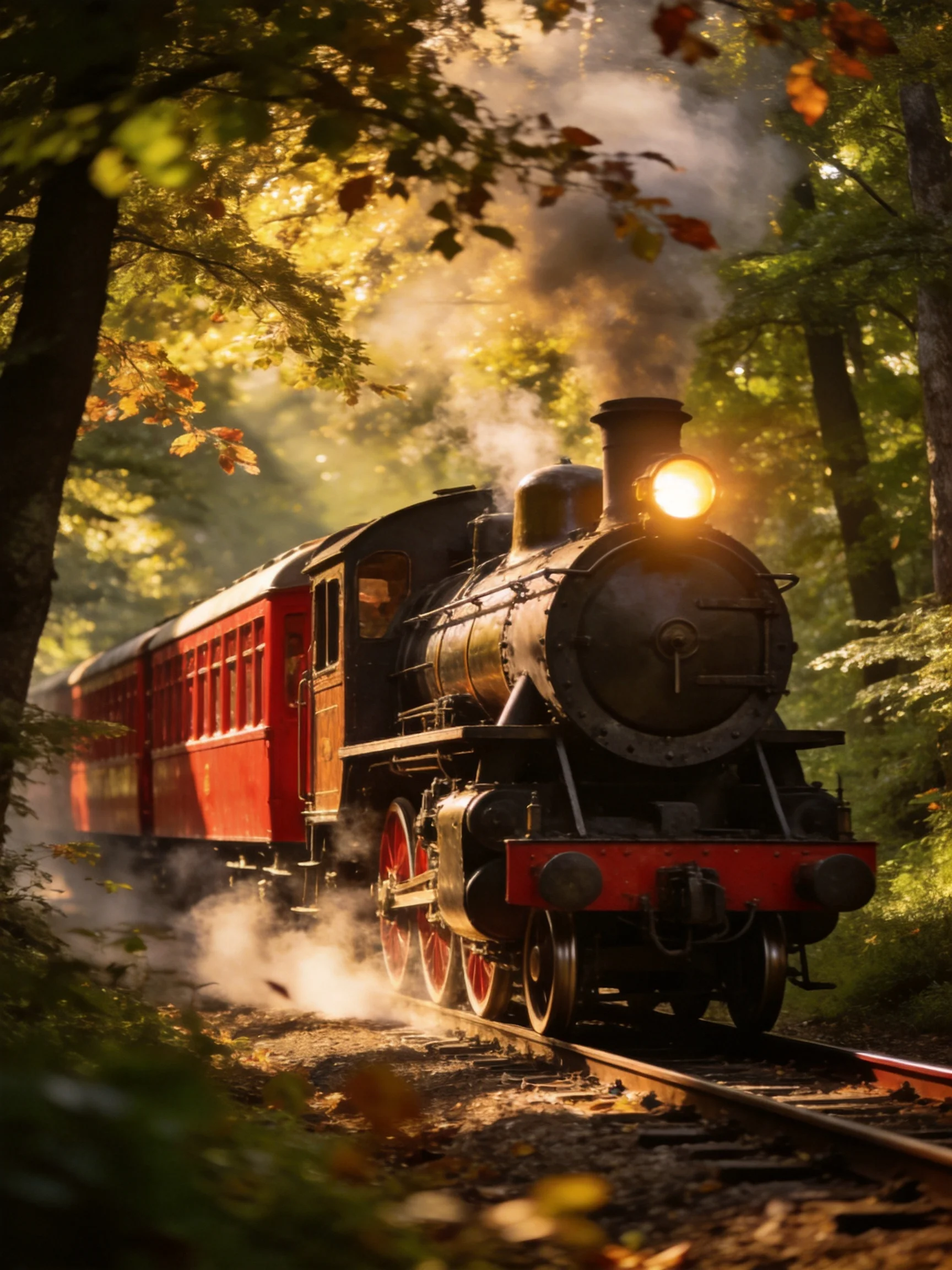 A vintage steam locomotive travels through a sun-dappled forest