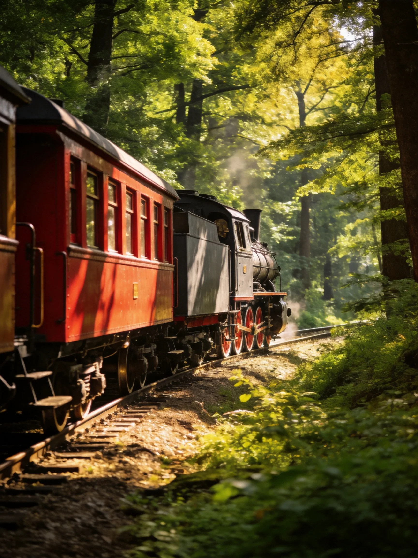 A vintage steam locomotive with red cars travels through a lush forest