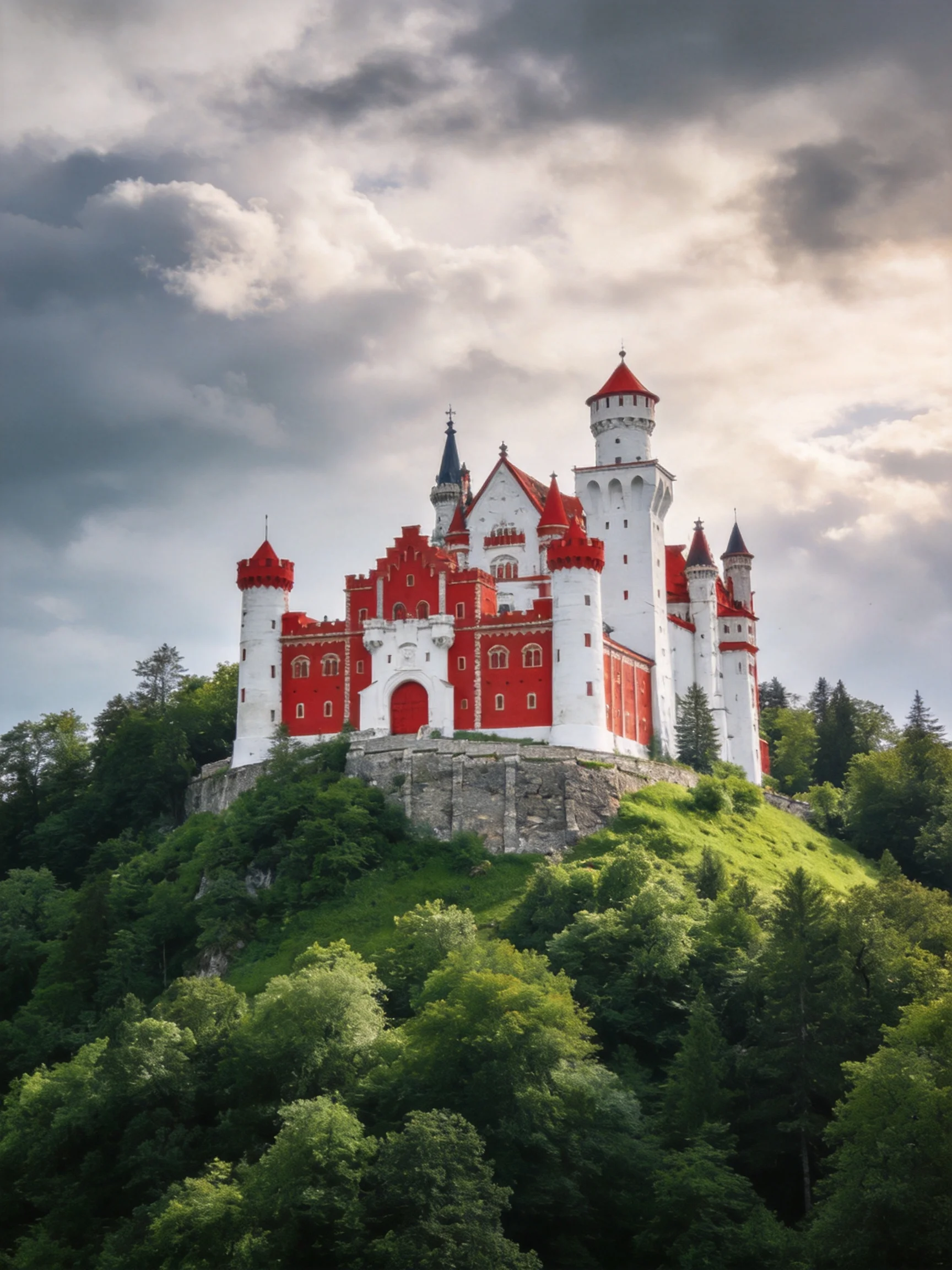 A vivid red and white castle rests upon a lush green hill