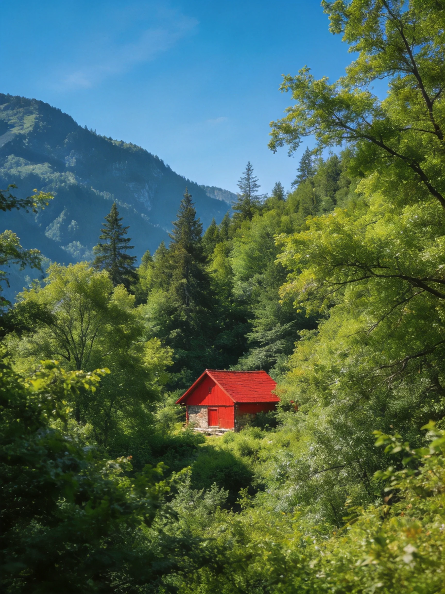 A vivid red cabin surrounded by lush green trees near a mountain range