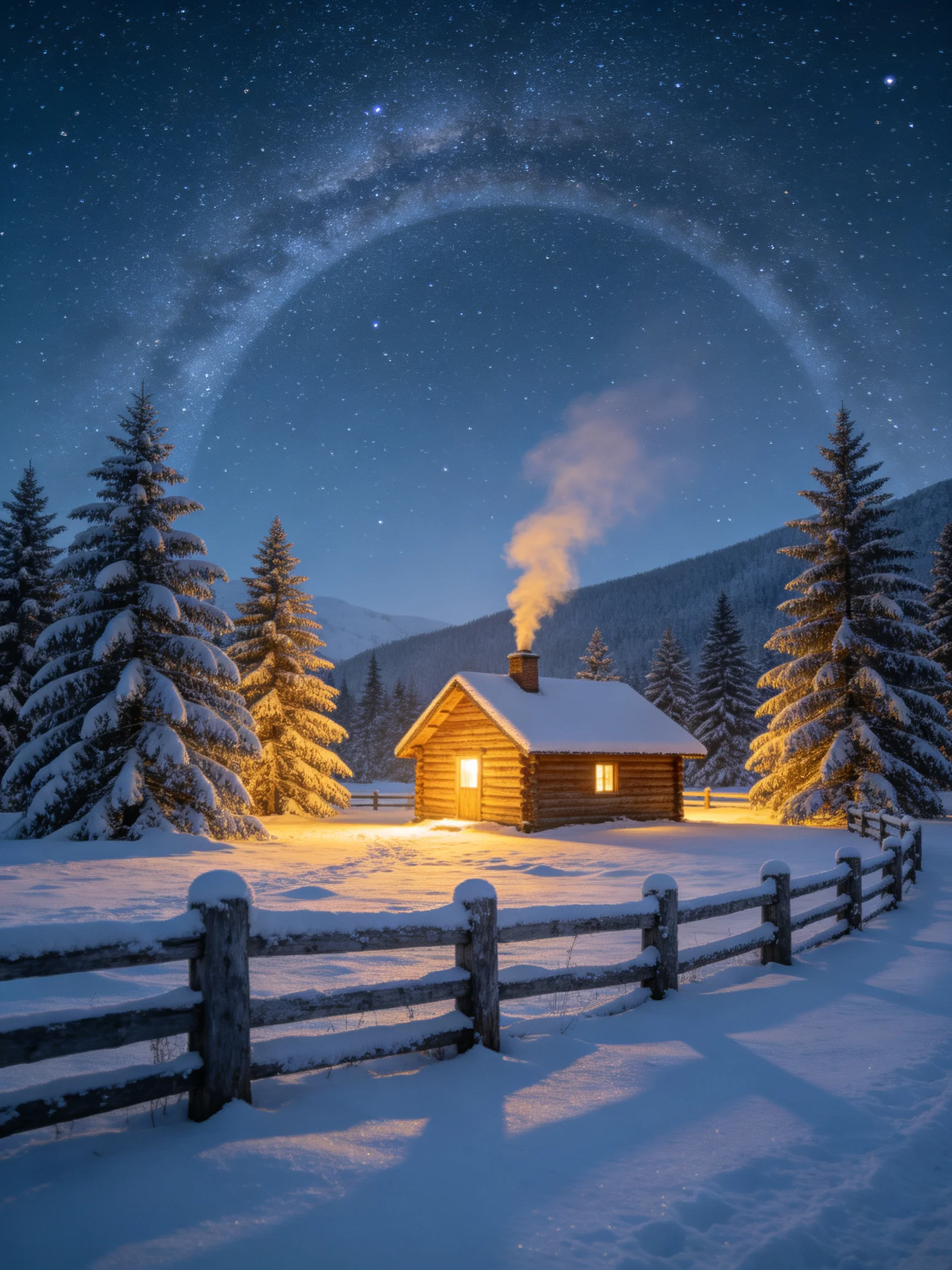 A warm log cabin amid snow-laden pines under a Milky Way arch