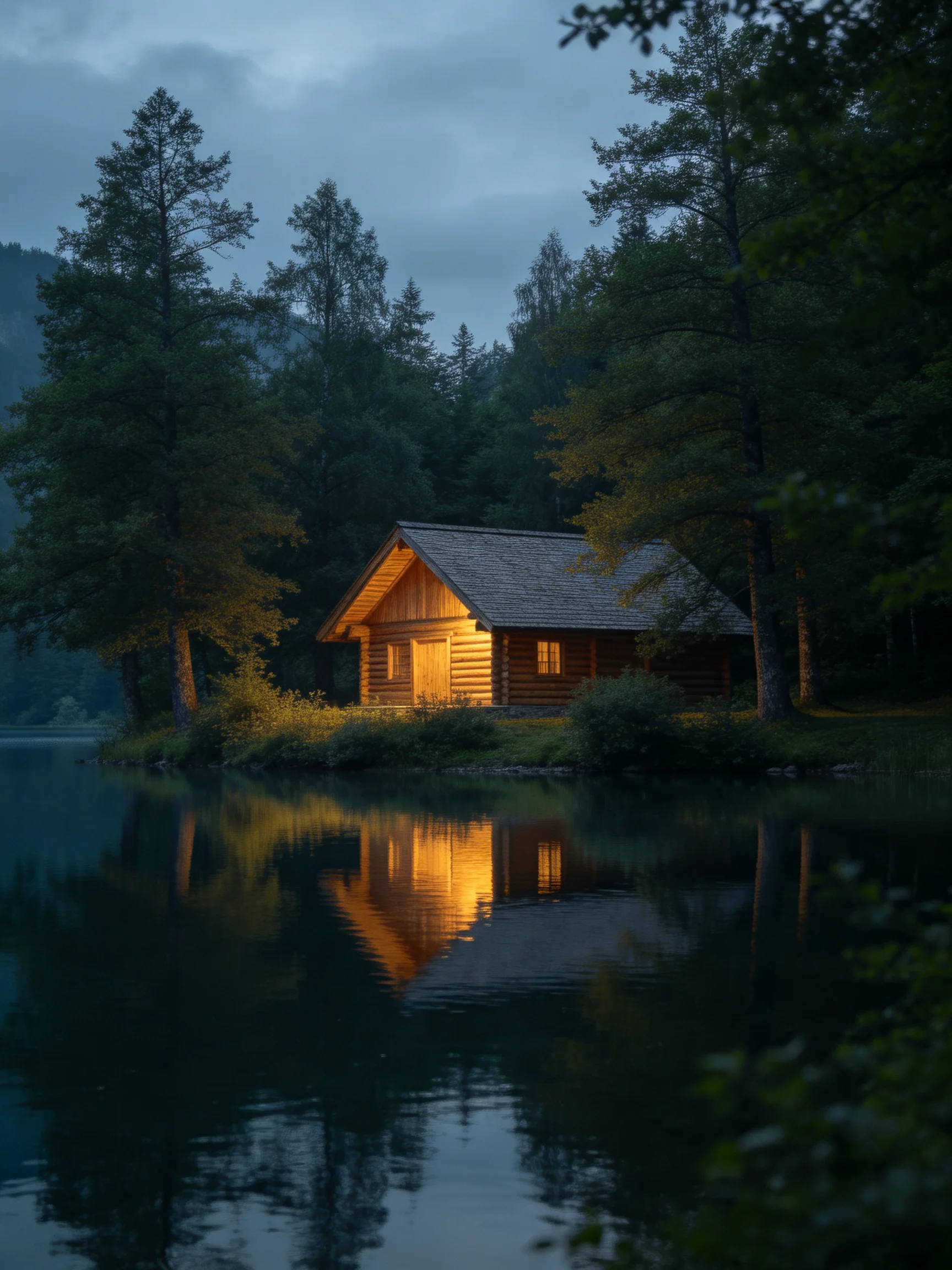 A warmly lit log cabin beside a forest lake at dusk