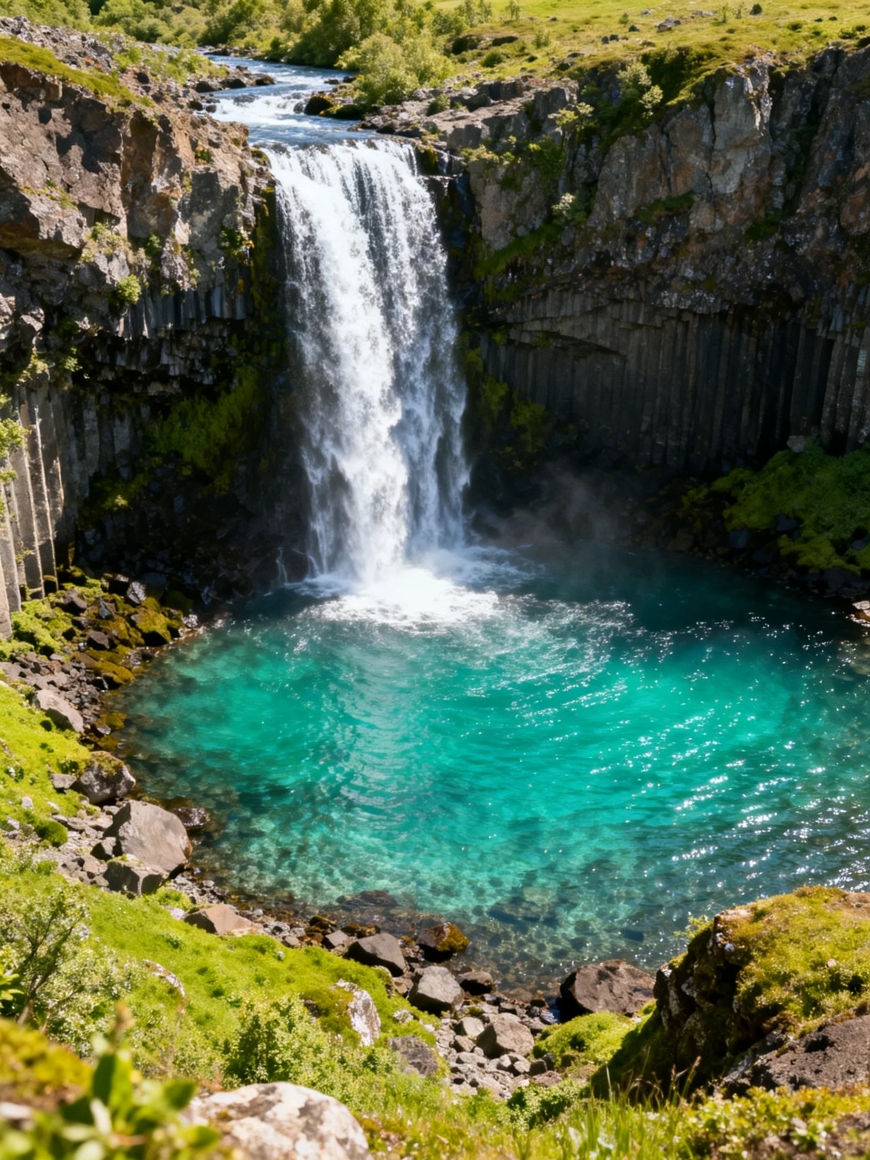 A waterfall cascades into a vibrant turquoise pool near rocky cliffs