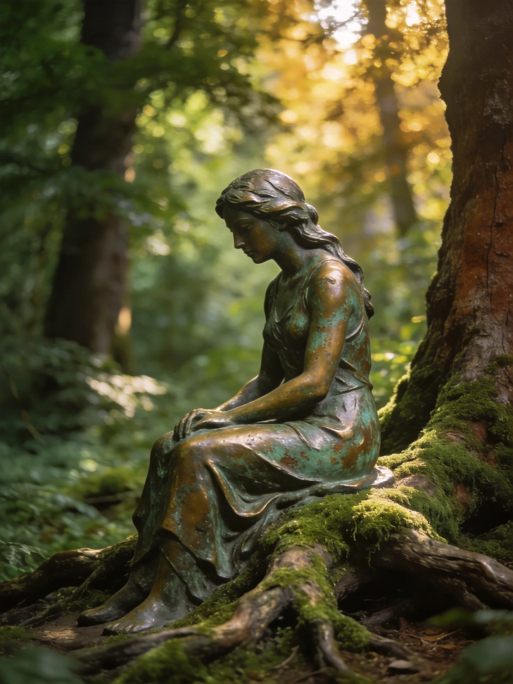 A weathered bronze statue sits amid mossy tree roots in a sunlit forest