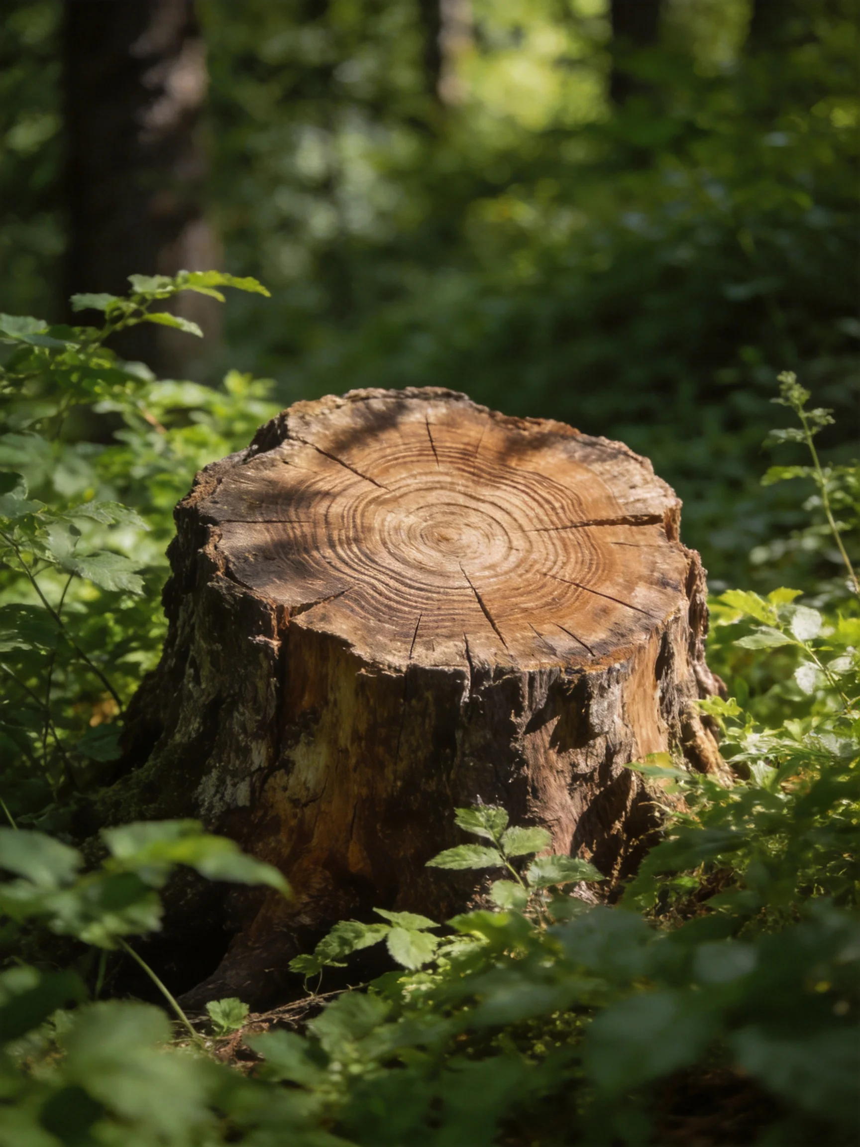 A weathered brown tree stump surrounded by lush green foliage