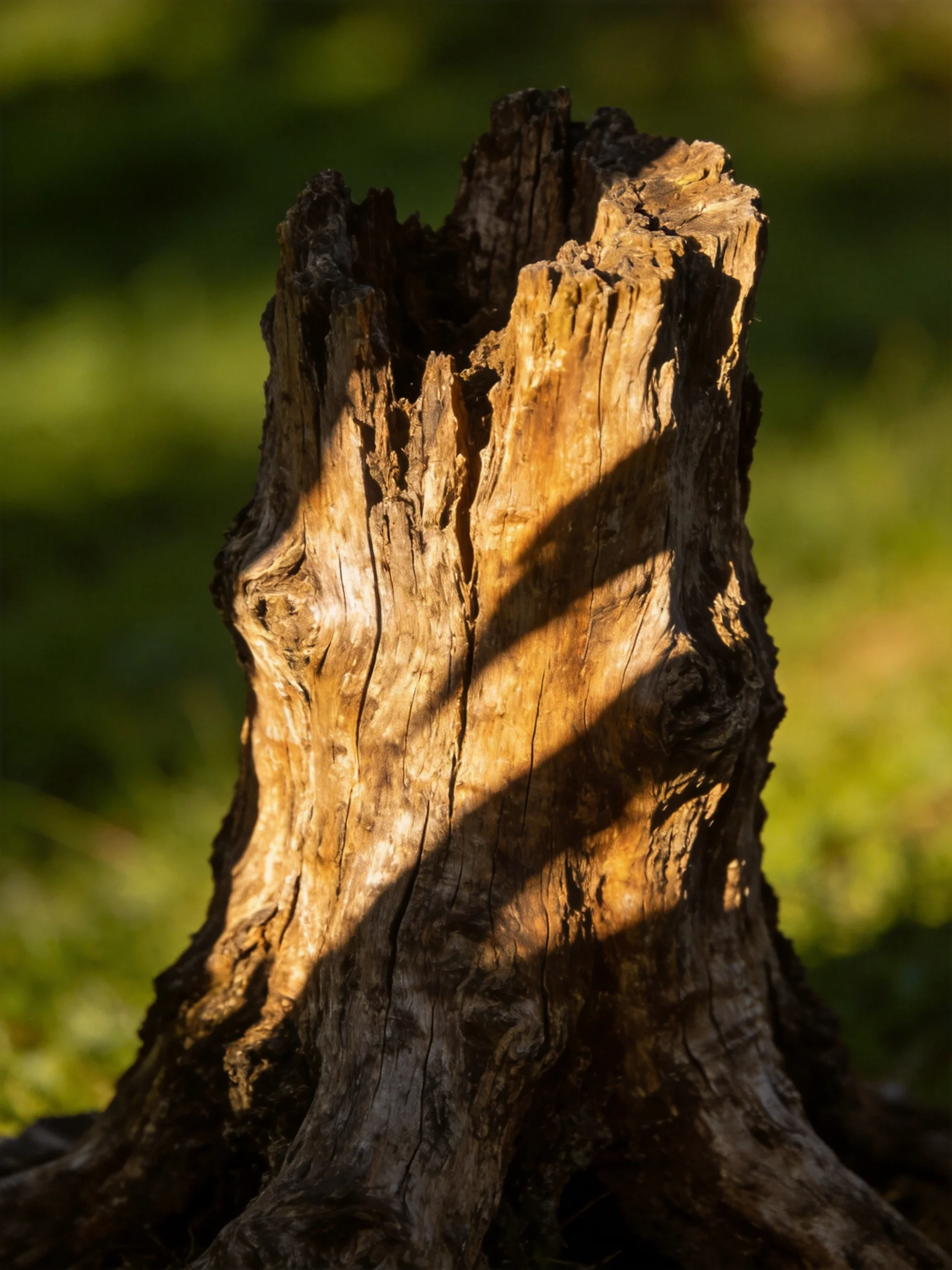 A weathered brown tree stump with sunlight casting shadows