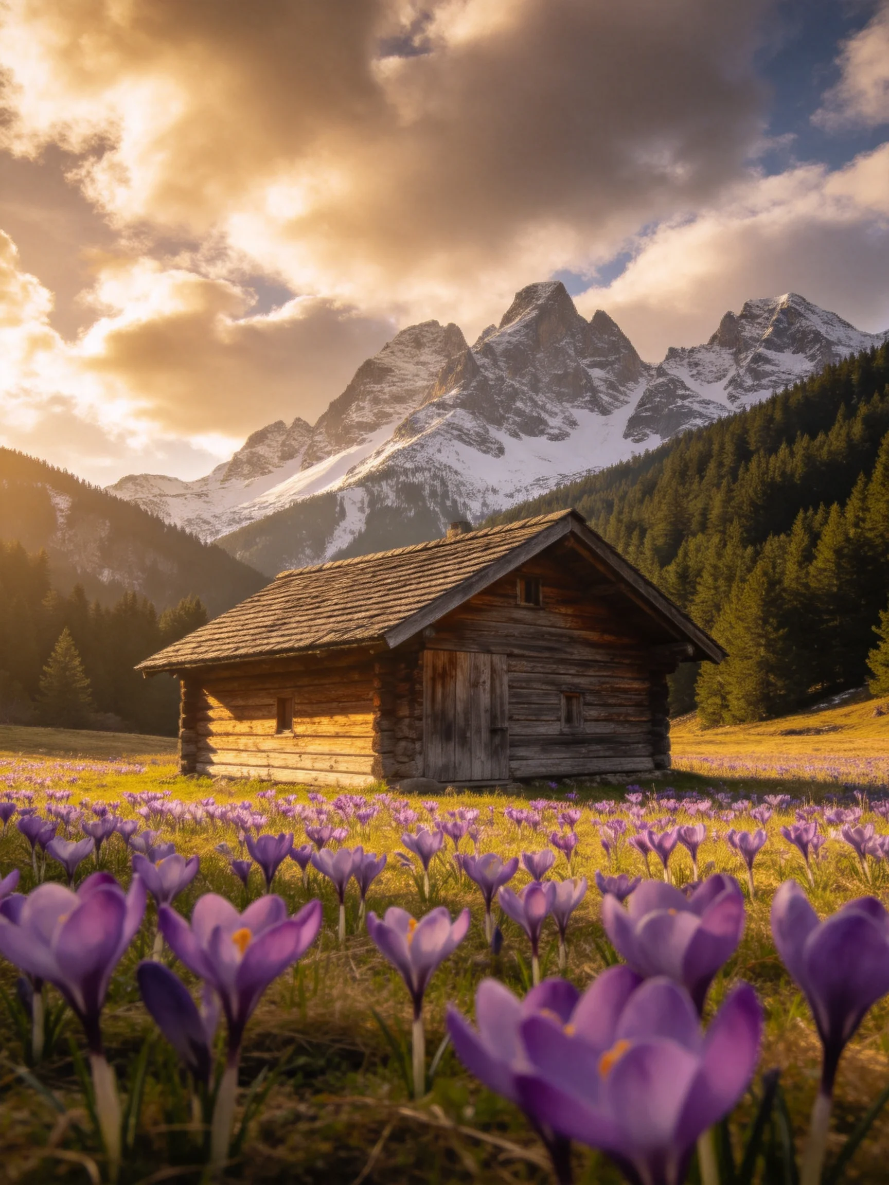 A weathered log cabin amid purple crocus fields with snow-capped mountains