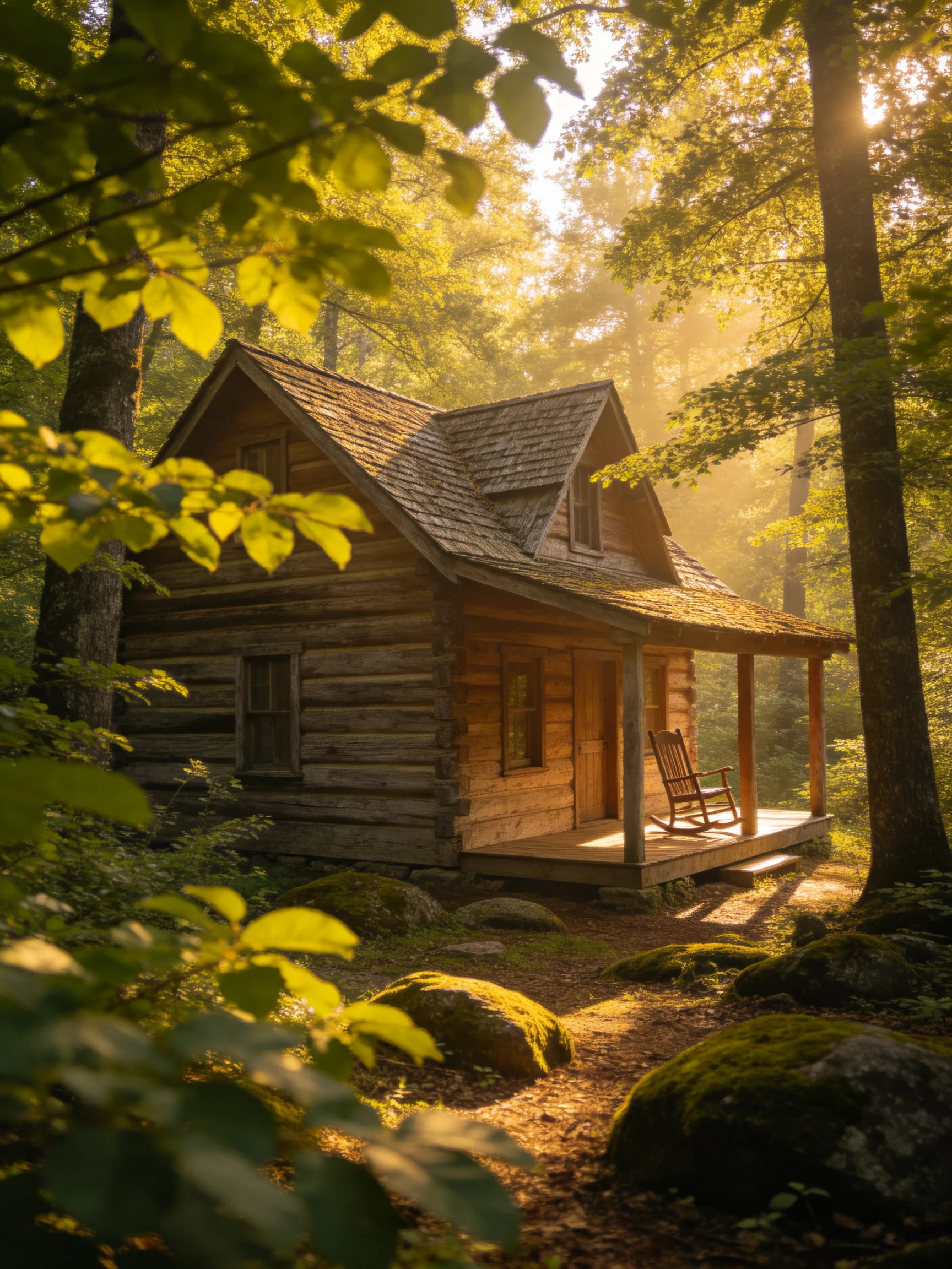 A weathered log cabin in sun-dappled forest surroundings