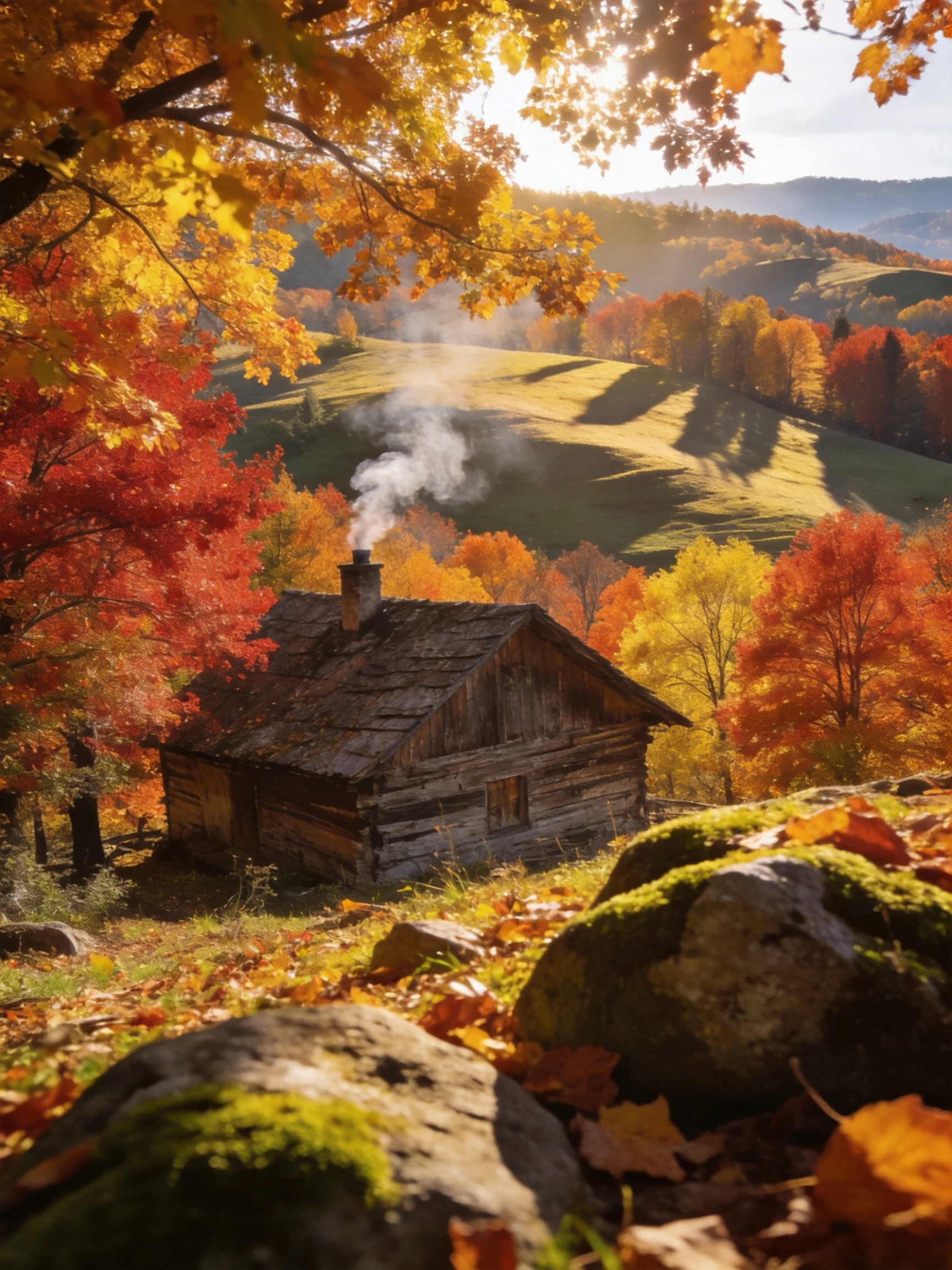 A weathered log cabin surrounded by colorful fall foliage and rolling hills