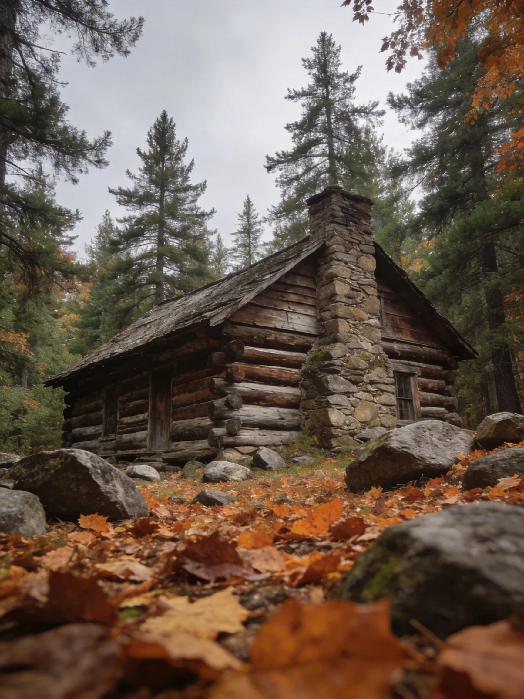 A weathered log cabin with stone chimney amid autumn foliage