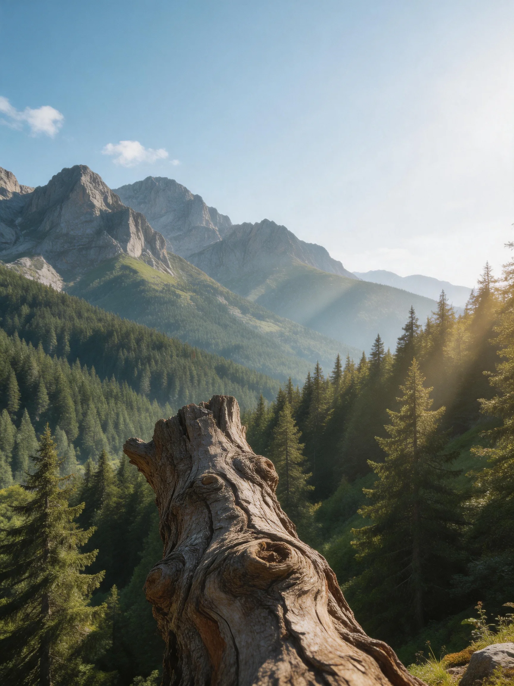 A weathered log overlooks lush green forests and rugged gray mountains under clear blue sky