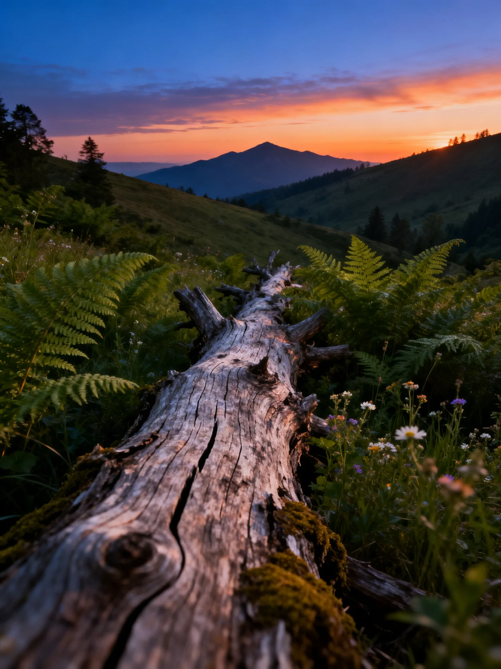 A weathered log rests amid ferns with mountain peaks at sunset.