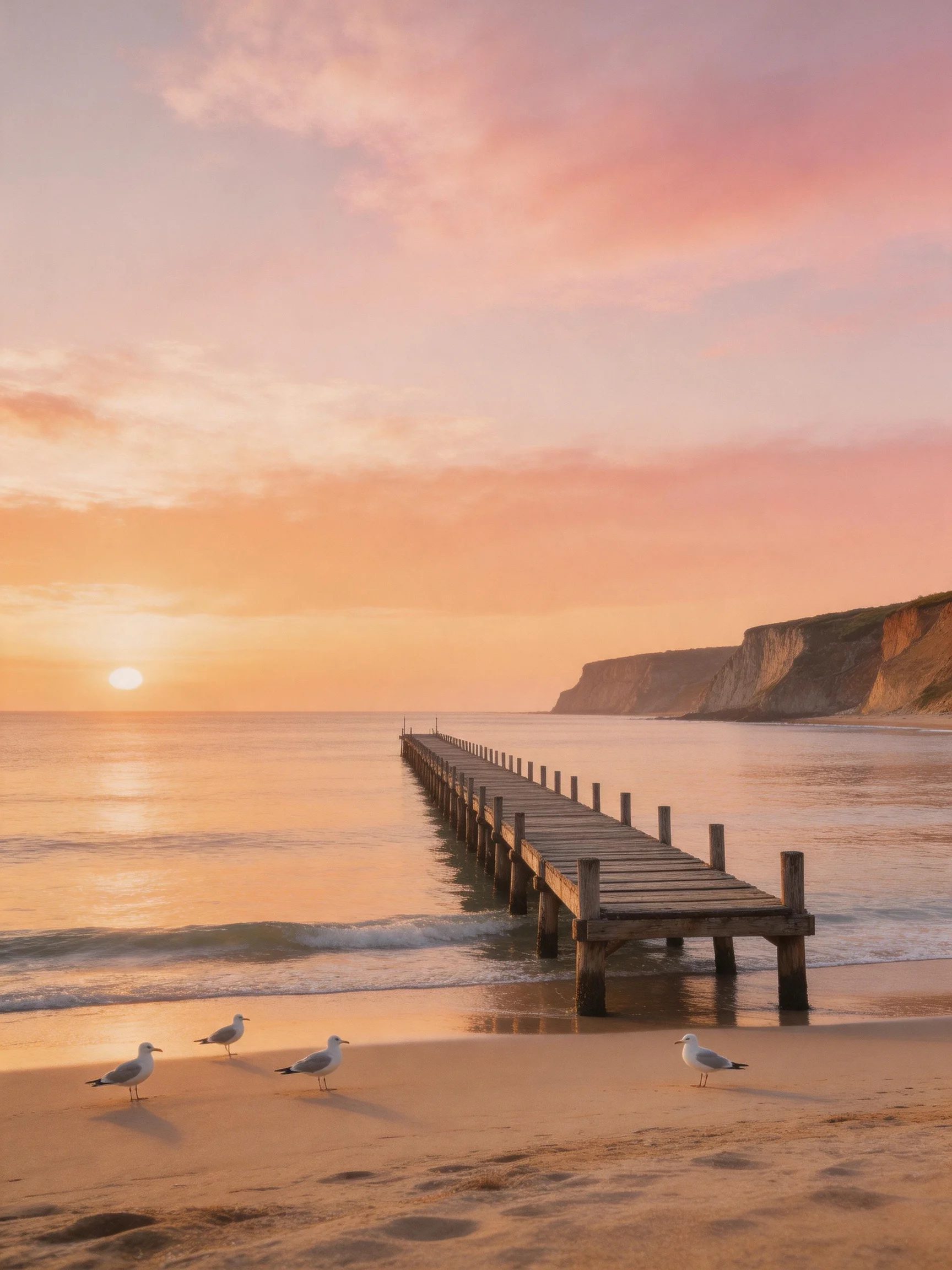 A weathered pier stretches toward cliffs under a pink-orange sunset over calm waters