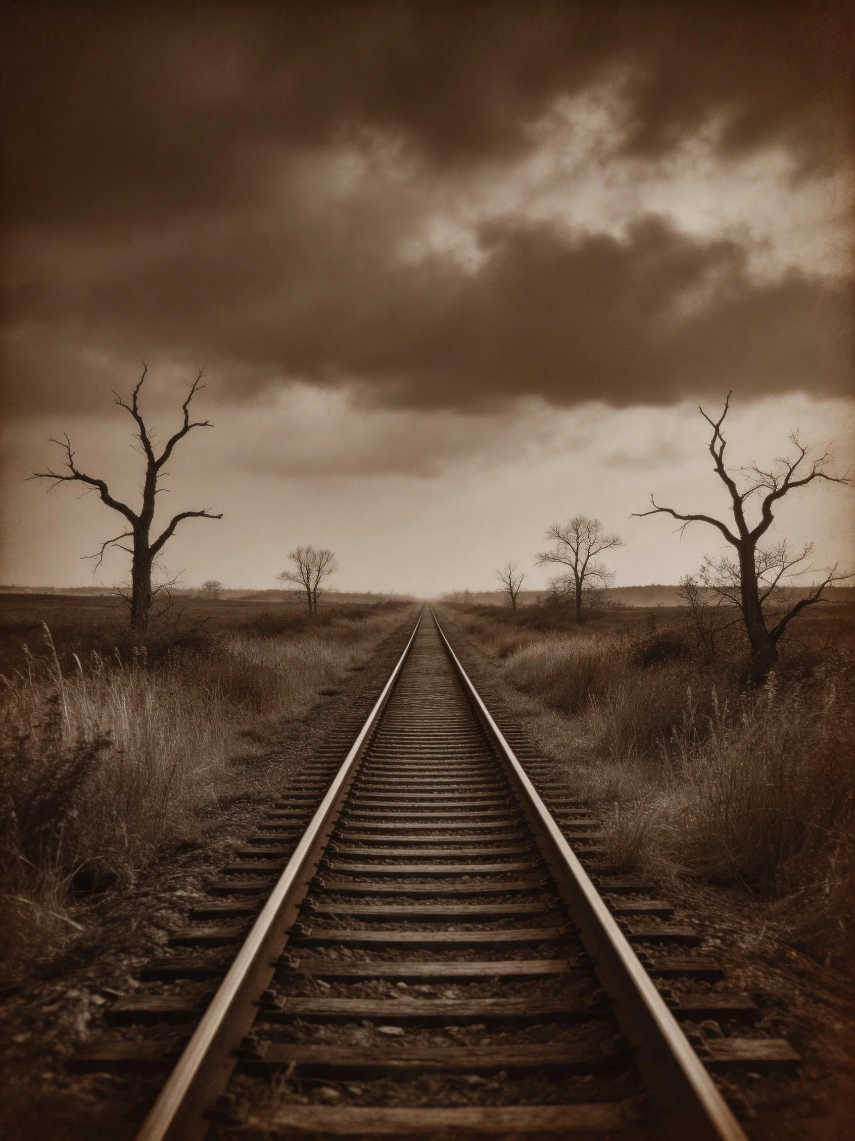 A weathered railroad track leads into a gloomy sky with leafless trees