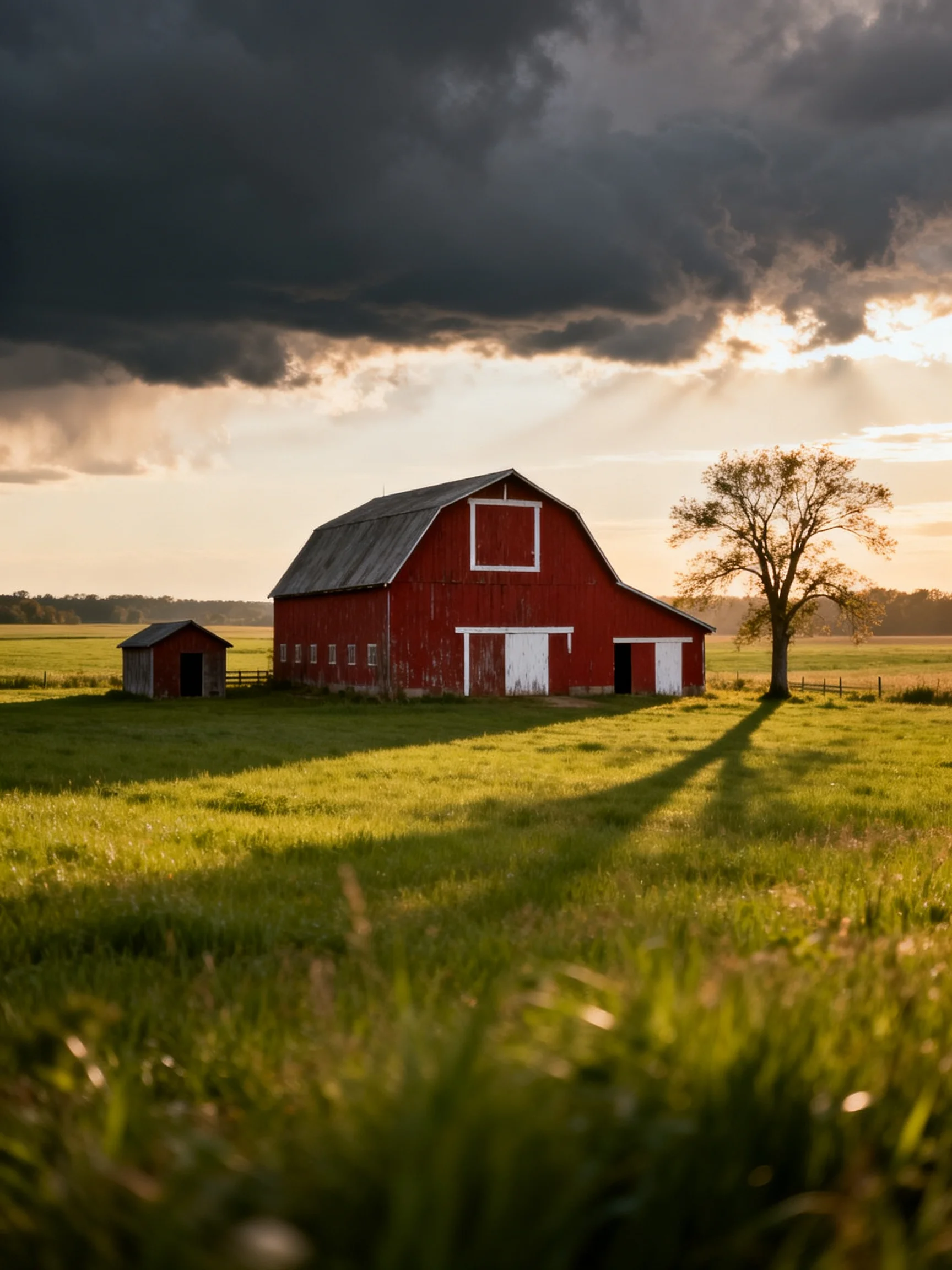 A weathered red barn amidst lush green fields under stormy skies