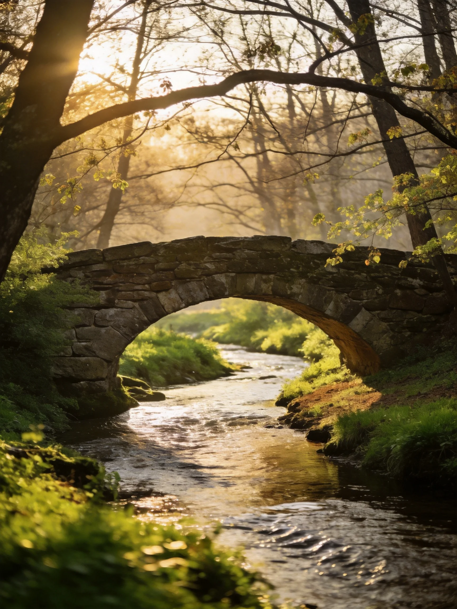 A weathered stone bridge spans a sunlit forest stream