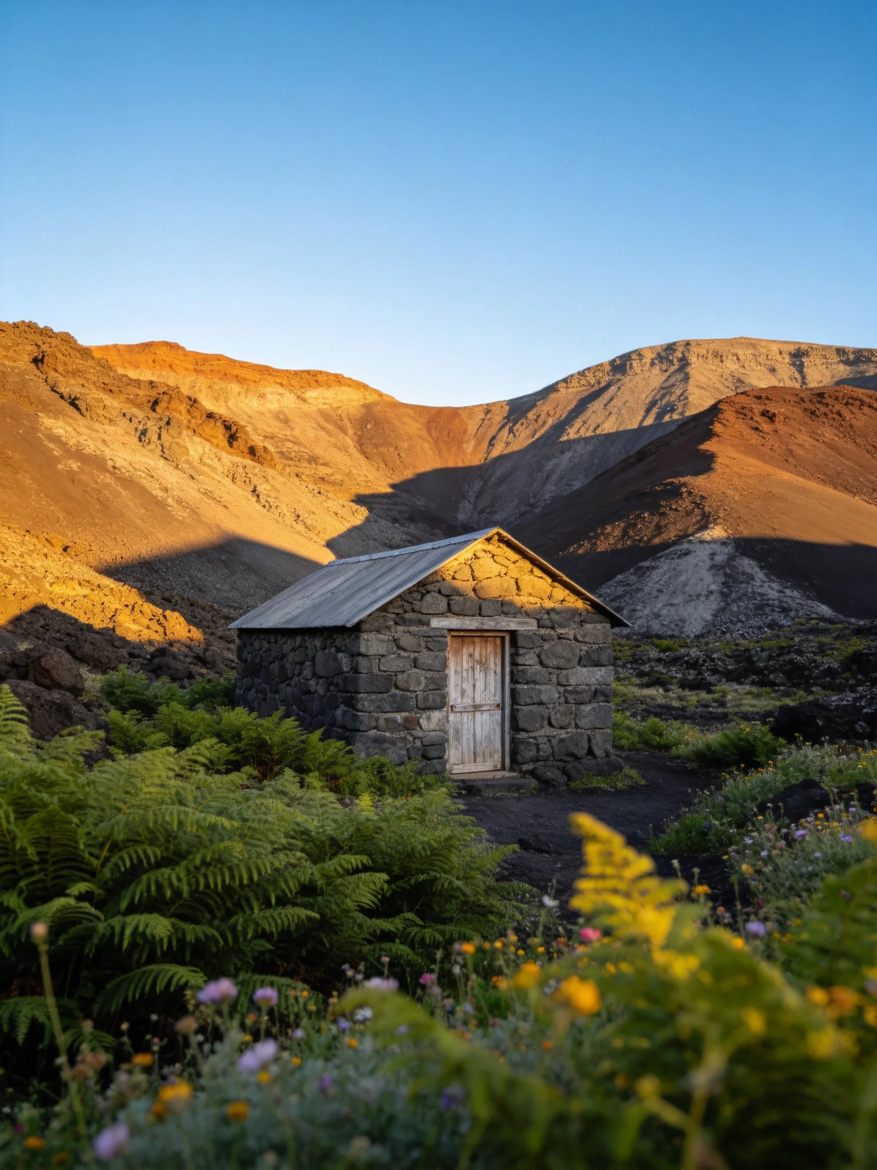 A weathered stone cottage amid vibrant wildflowers and rugged volcanic hills