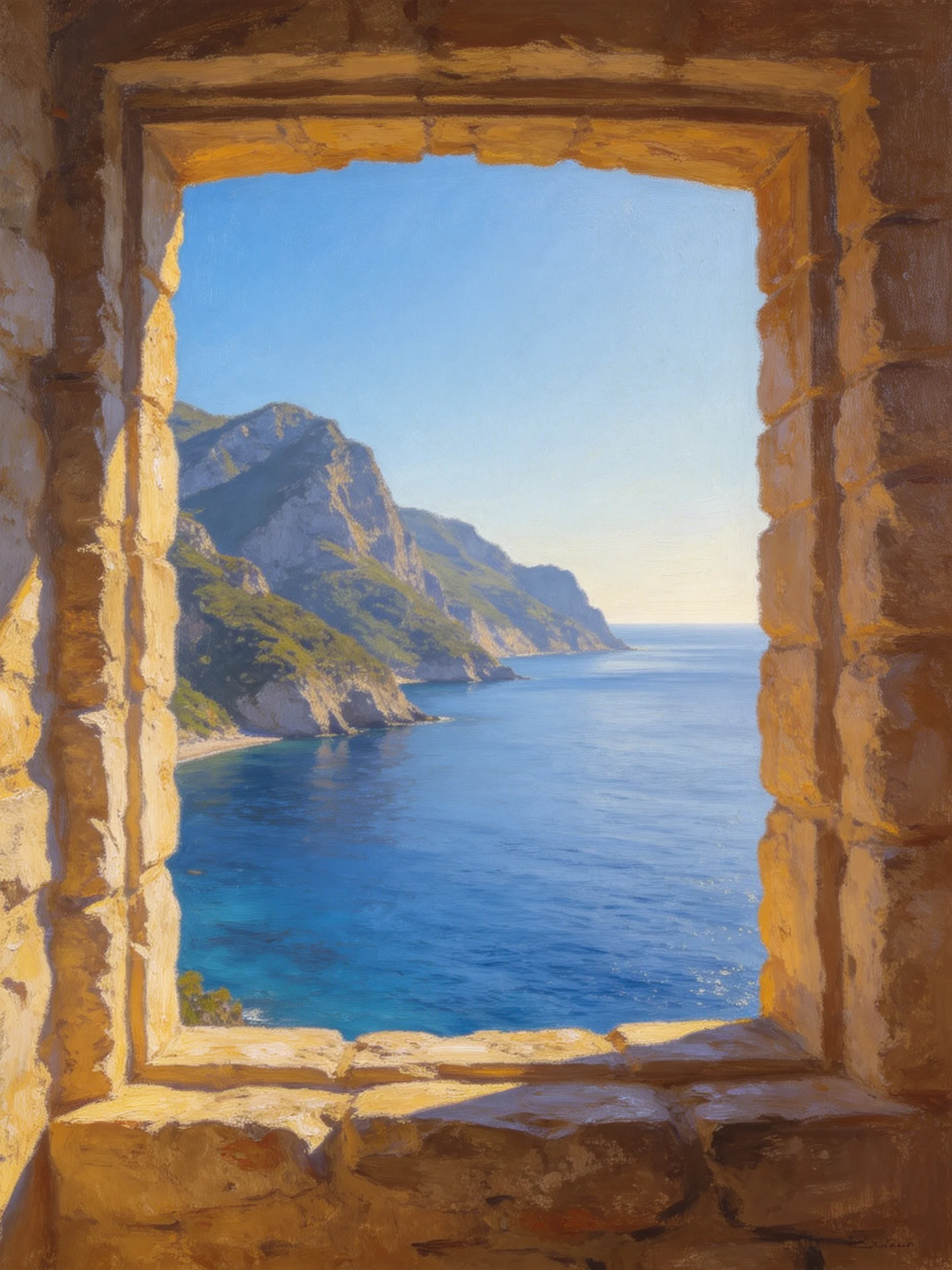 A weathered stone window frames a coastal mountain and sea view