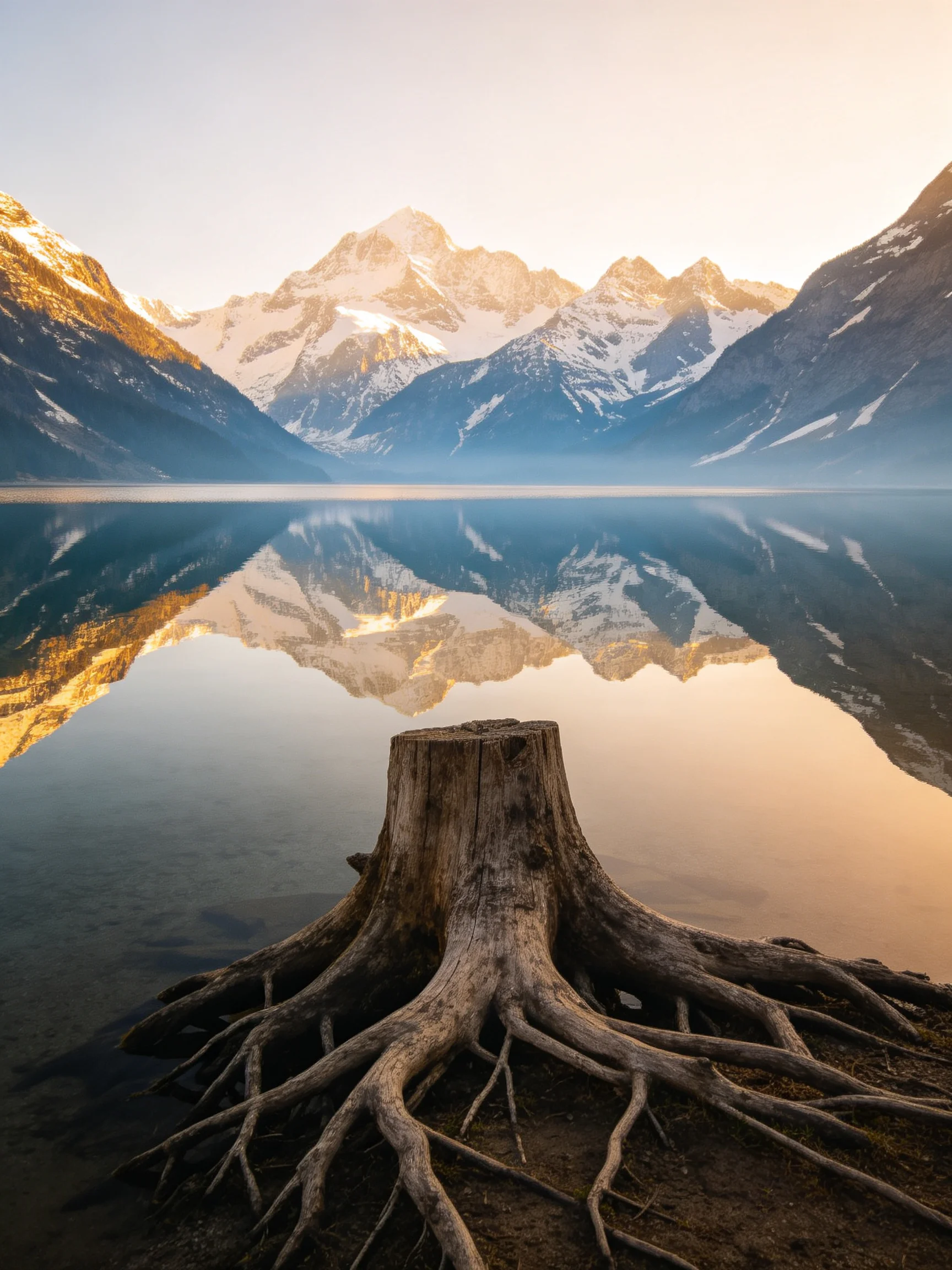 A weathered tree stump by a reflective lake with snowy mountain backdrop