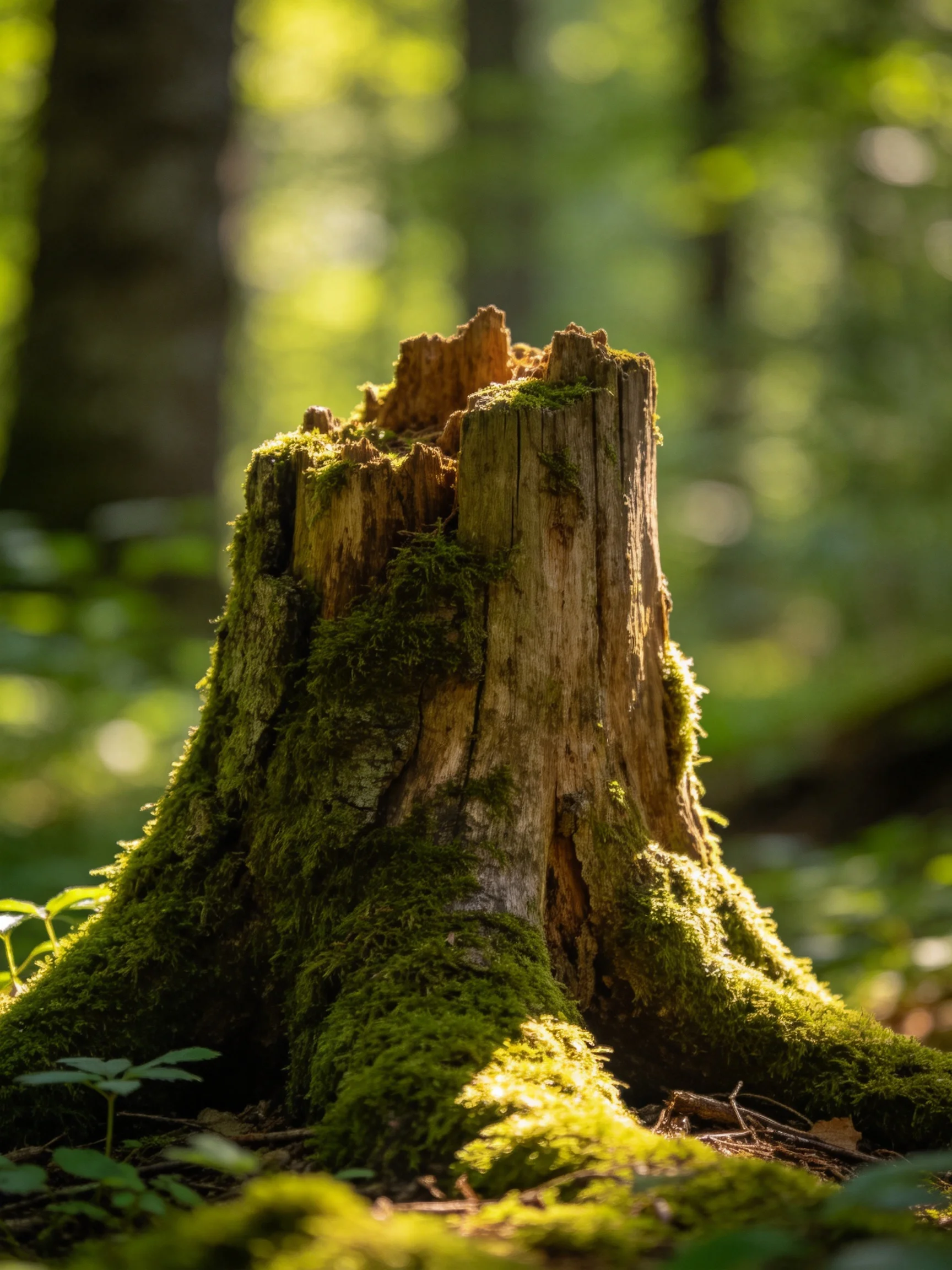 A weathered tree stump covered in vibrant green moss in a sunlit forest