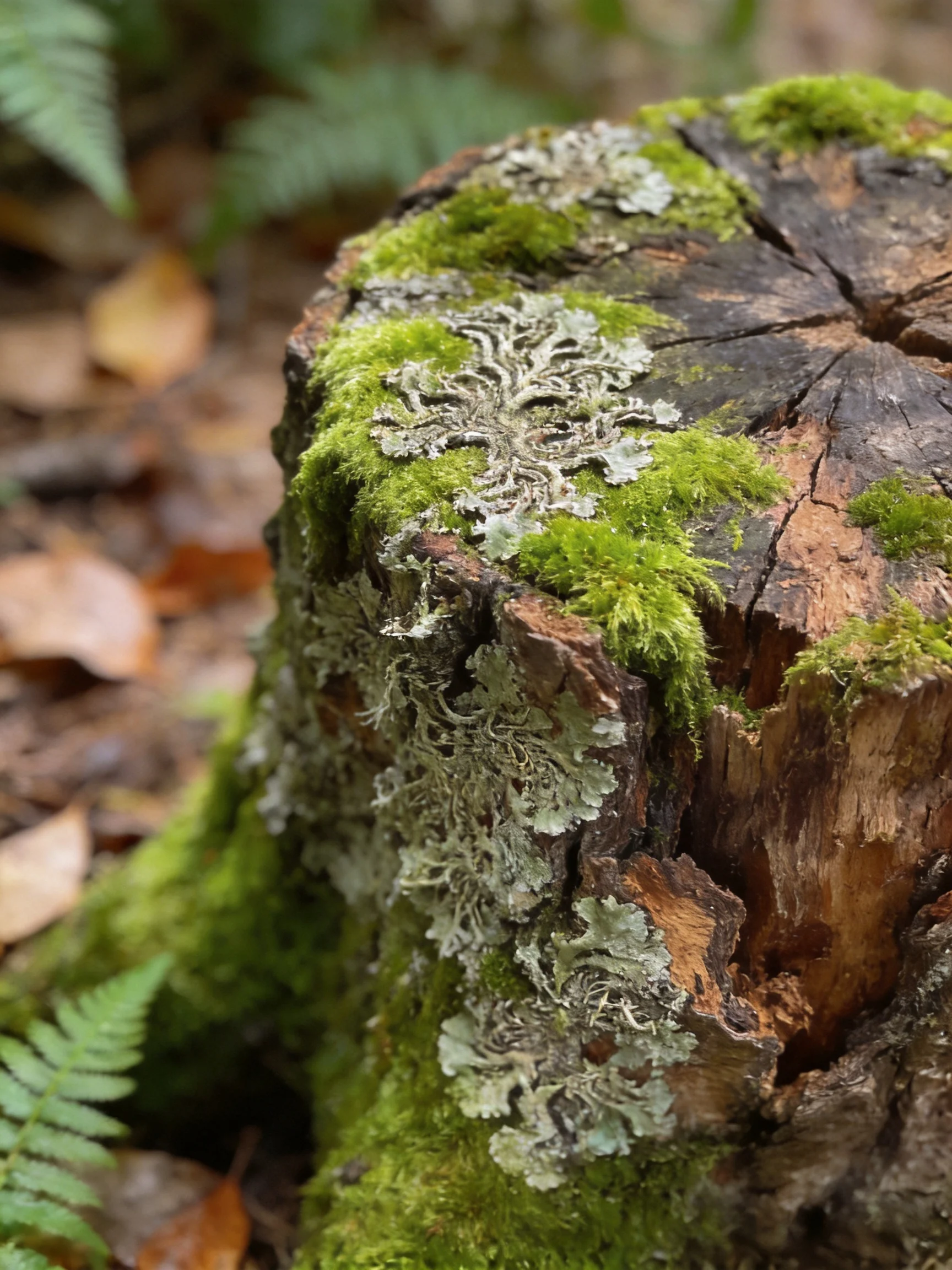 A weathered tree stump covered in vibrant moss and lichen