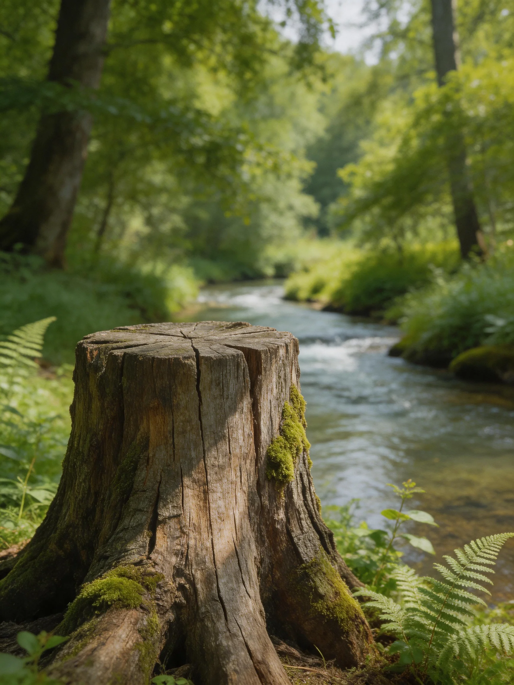 A weathered tree stump near a rushing stream in lush green forest