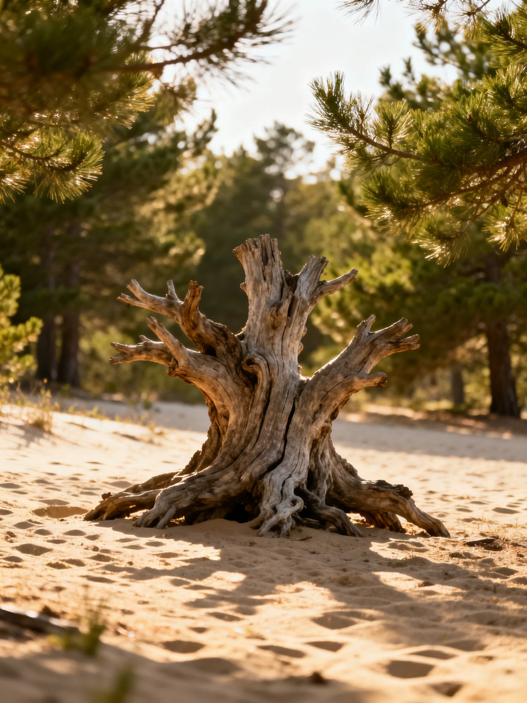 A weathered tree stump sits on golden sand among green pine trees
