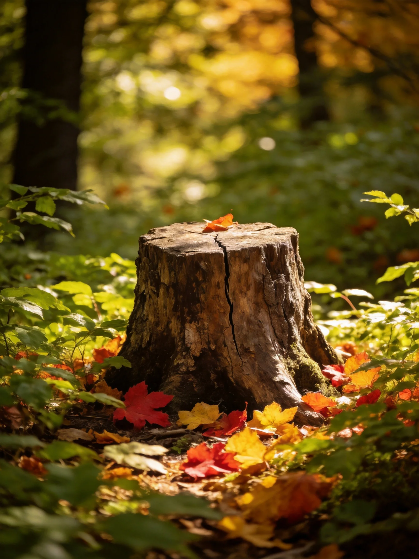 A weathered tree stump surrounded by vibrant fall foliage in a sun-dappled forest