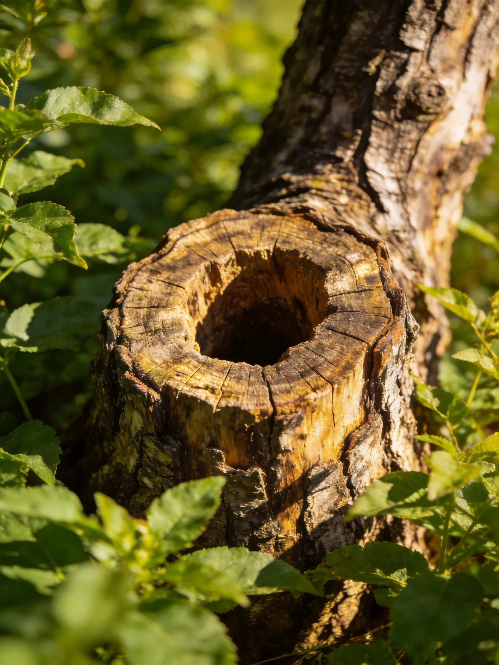A weathered tree stump with a hollow center amid lush greenery
