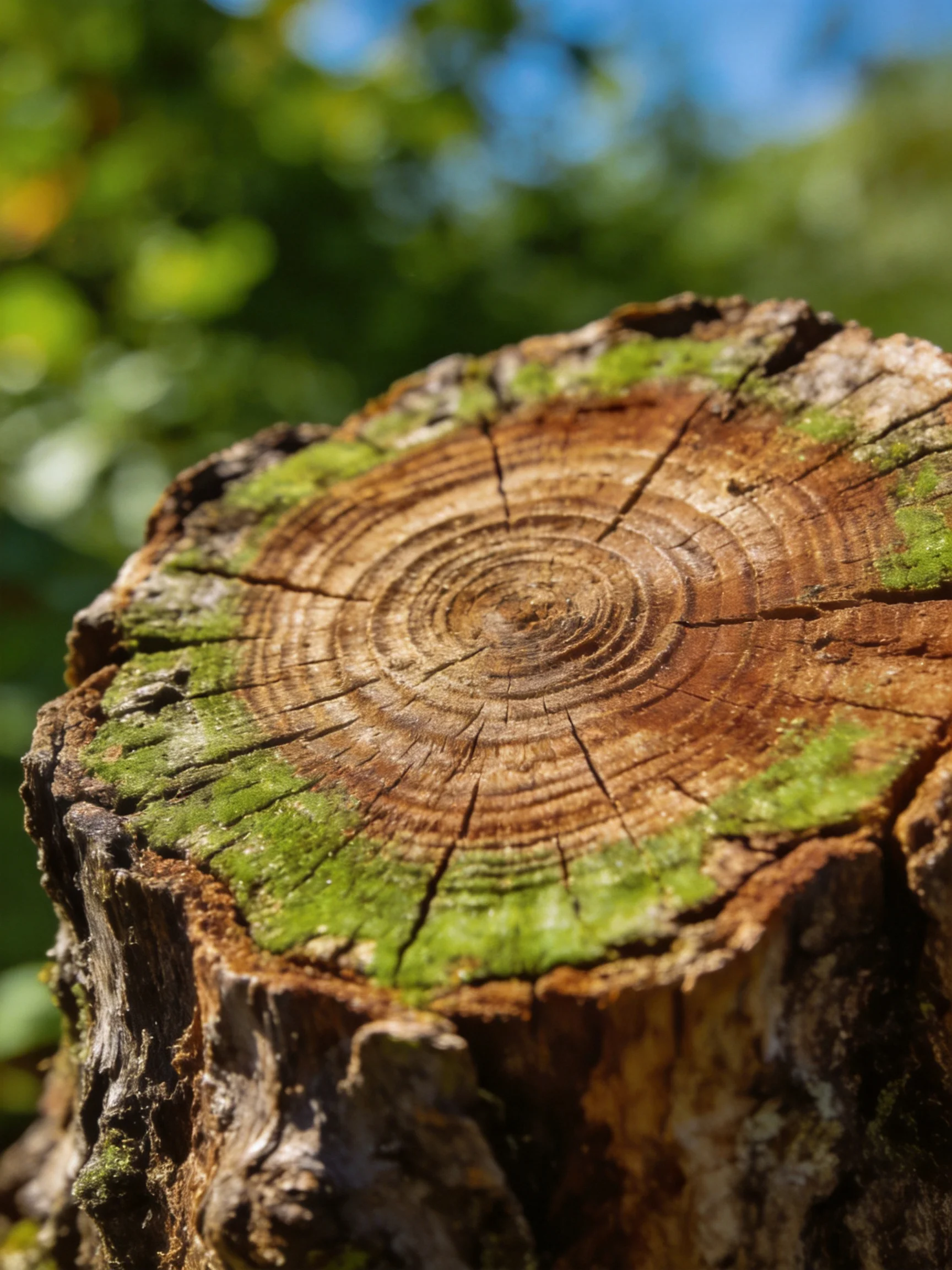 A weathered tree stump with distinct growth rings and mossy edges