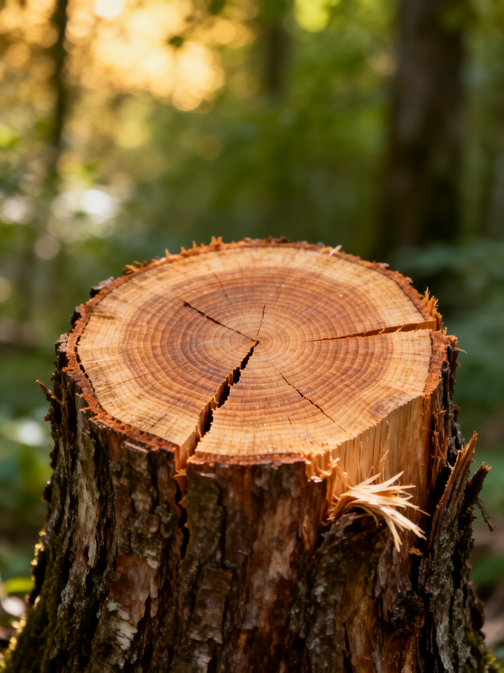 A weathered tree stump with golden rings in a sunlit forest