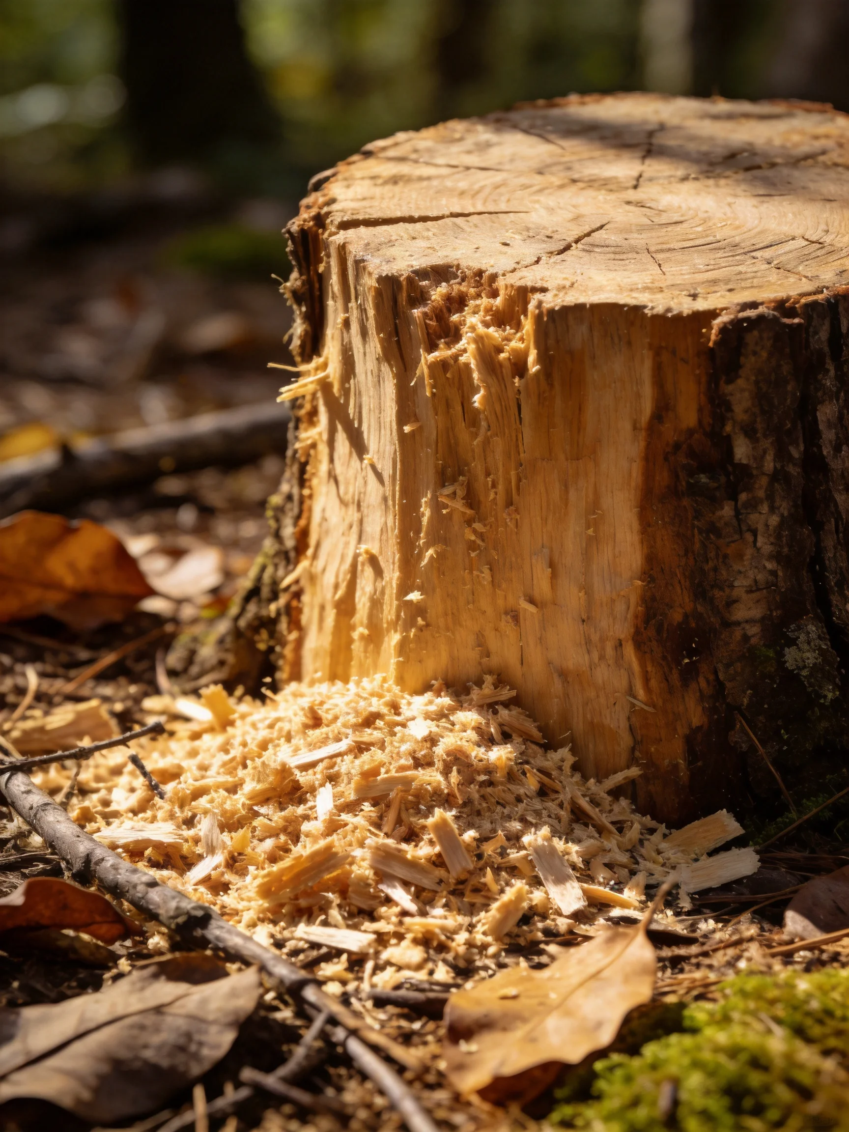 A weathered tree stump with golden wood shavings in a sunlit forest
