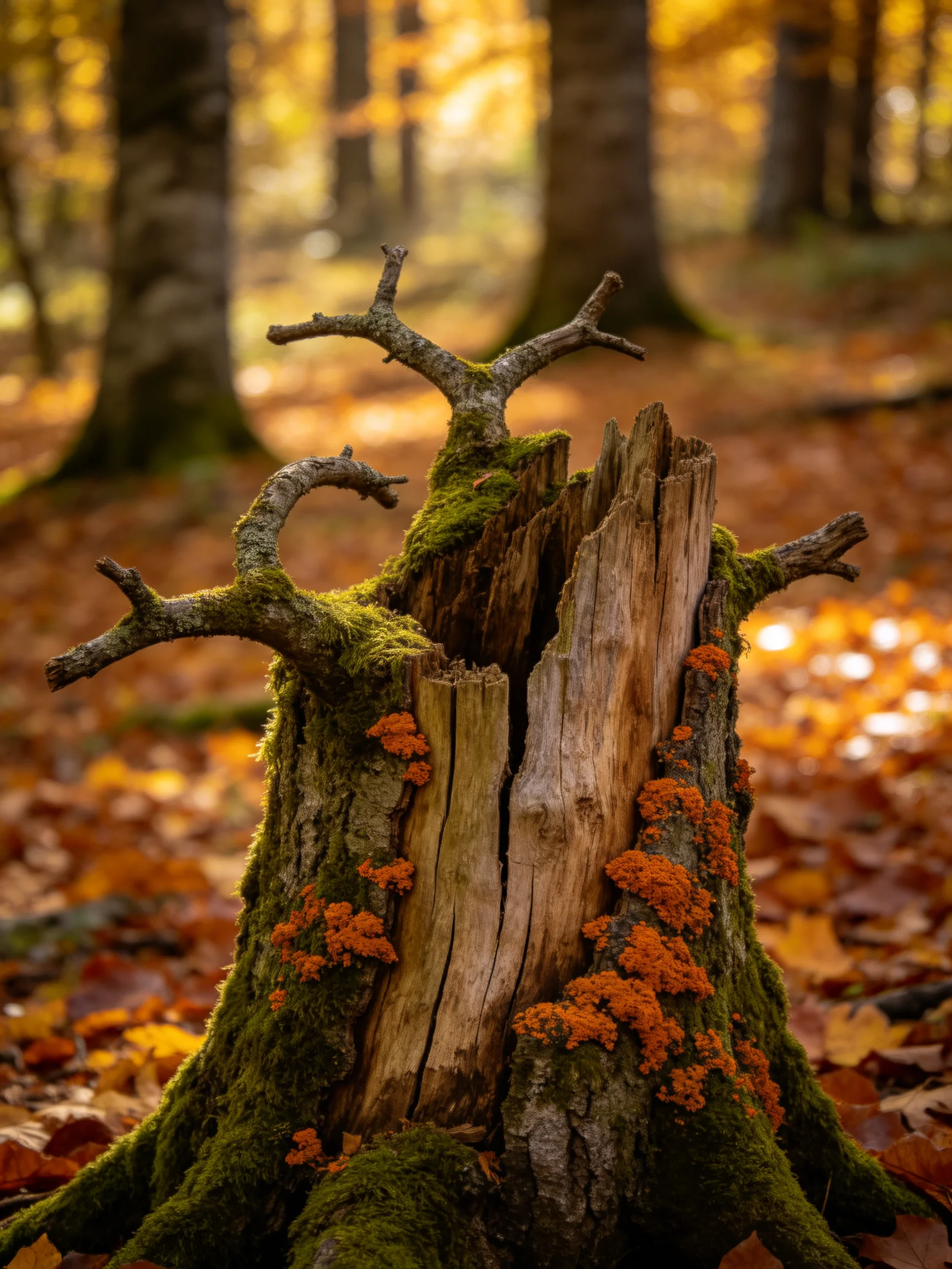 A weathered tree stump with moss and orange lichen in an autumn forest