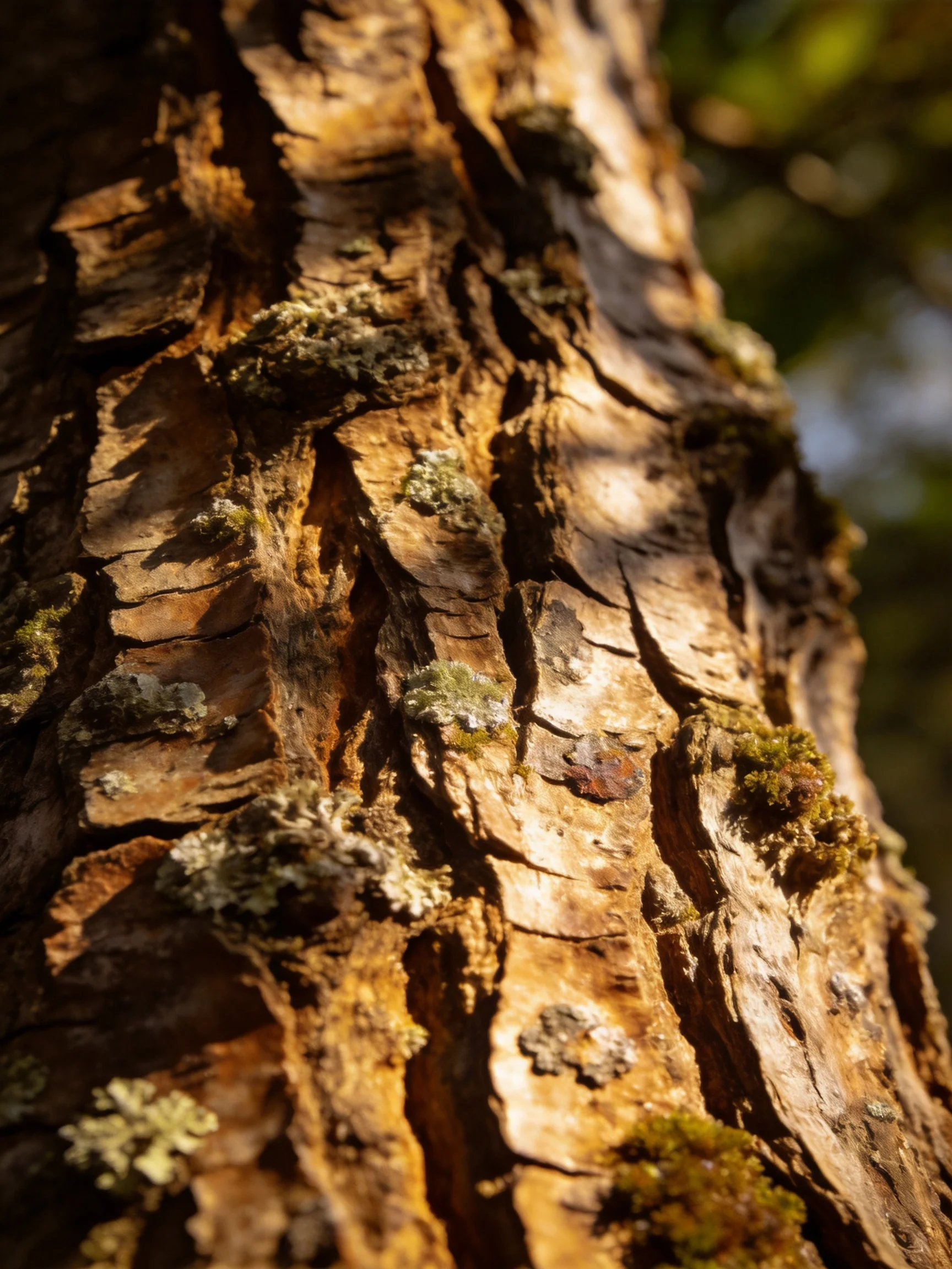 A weathered tree trunk with textured bark and mossy patches