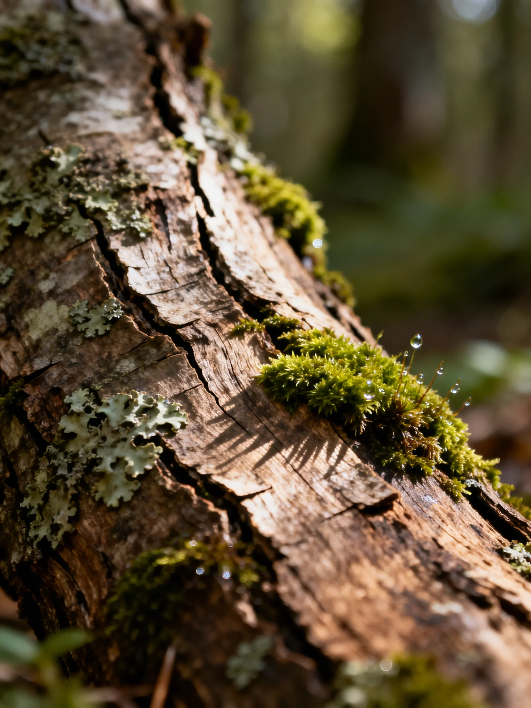 A weathered tree trunk with vibrant green moss and grayish lichen