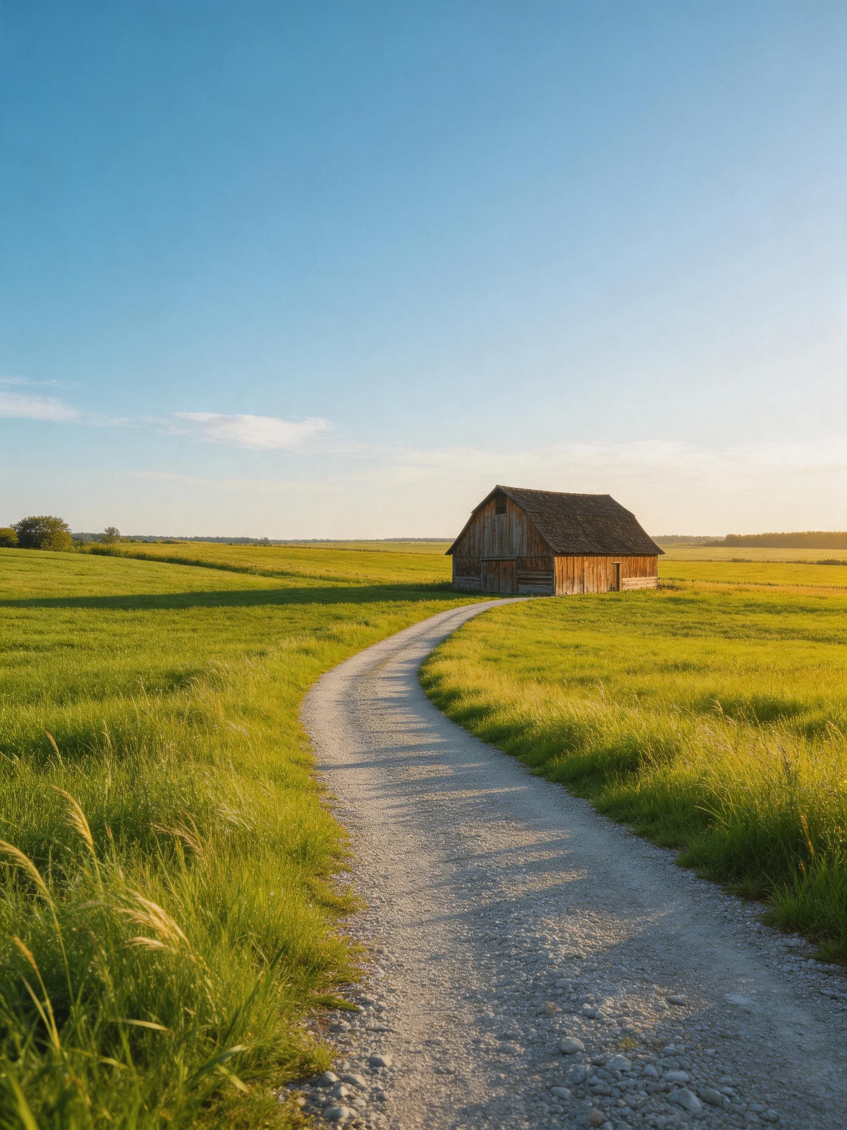 A weathered wooden barn near a curving gravel path through vast green fields