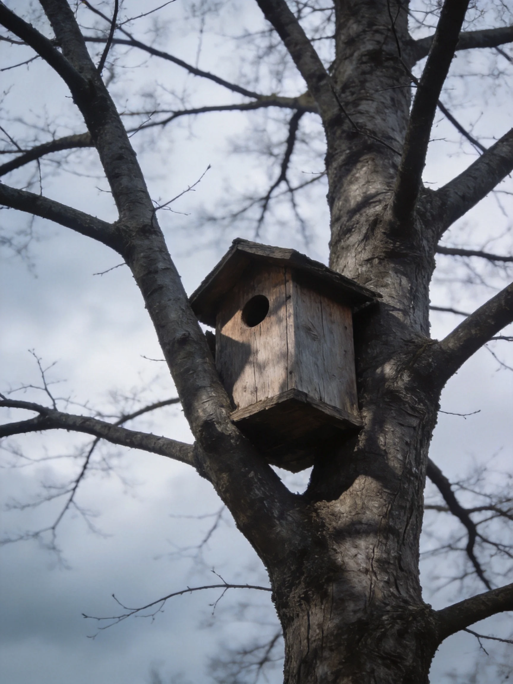 A weathered wooden birdhouse mounted on a large gray-barked tree
