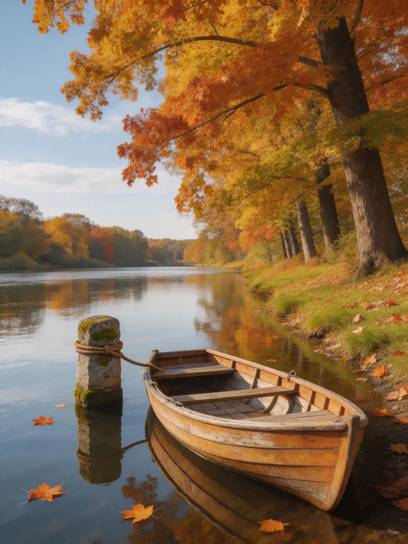 A weathered wooden boat moored near a calm autumn river with colorful trees
