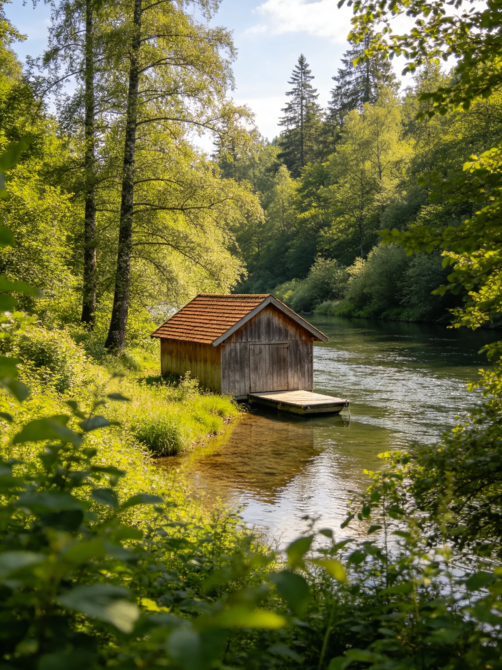 A weathered wooden boathouse with red roof by a calm river