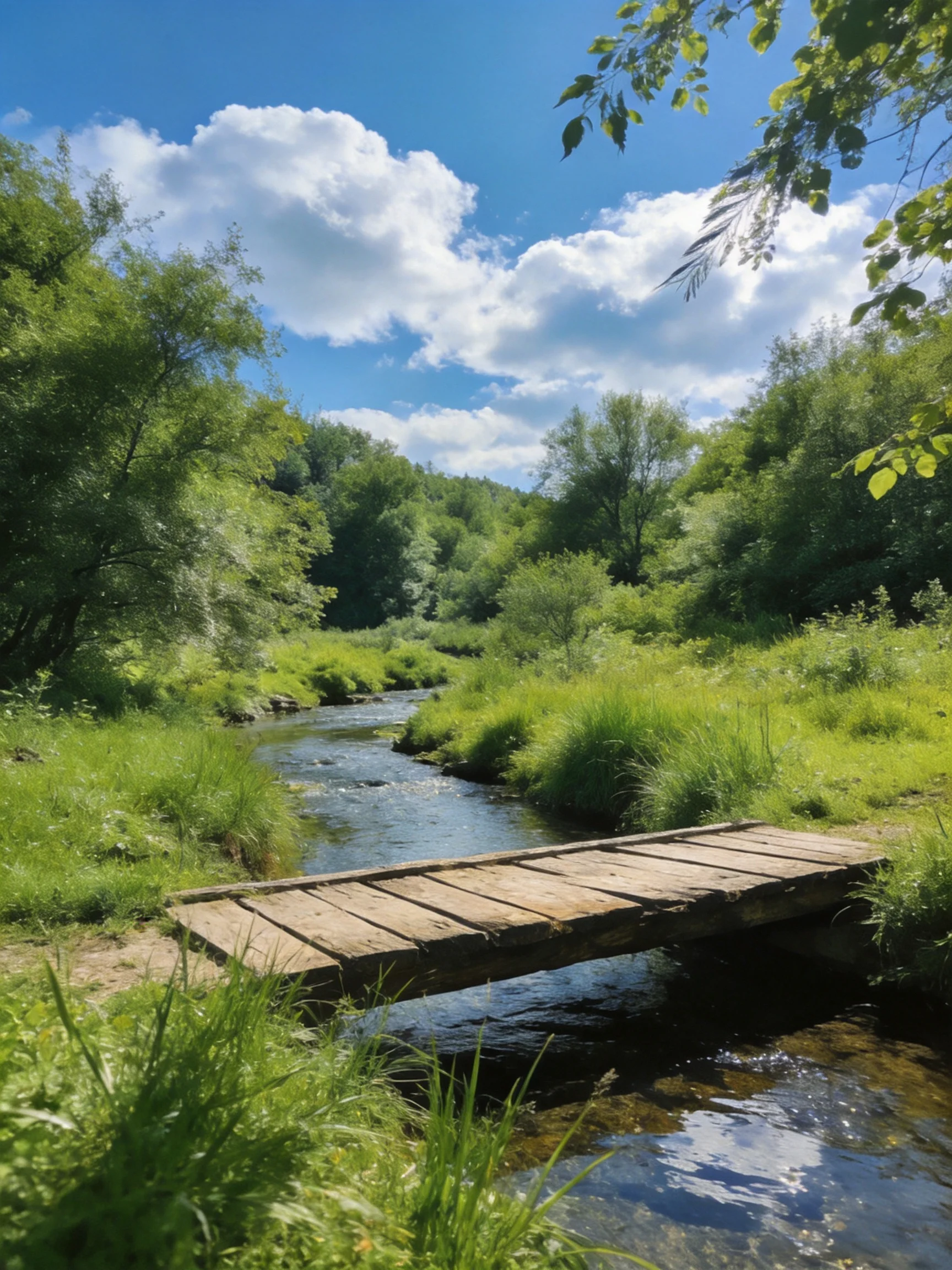 A weathered wooden bridge spans a clear stream amid lush greenery