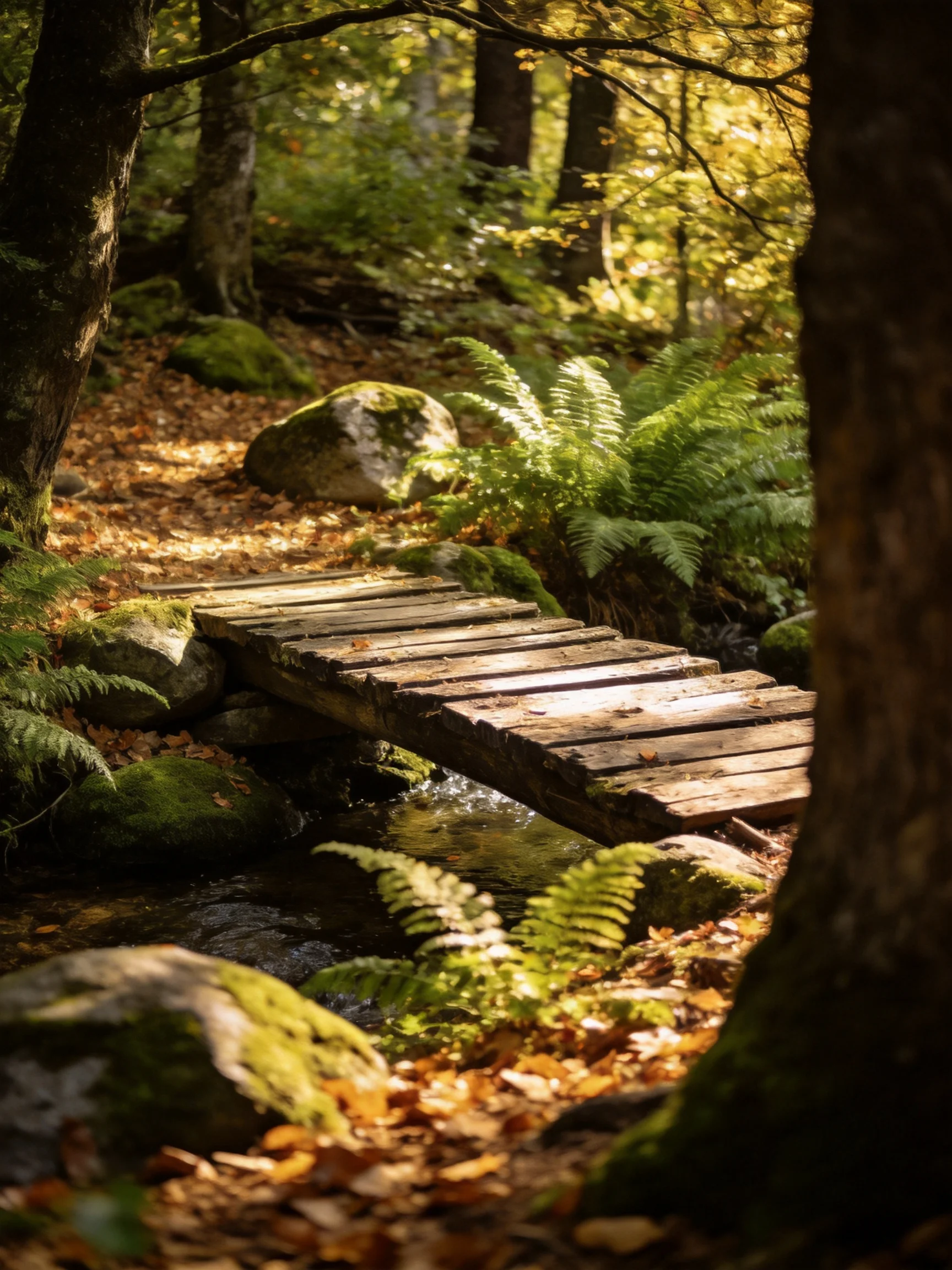 A weathered wooden bridge spans a forest stream amid ferns and moss-covered rocks