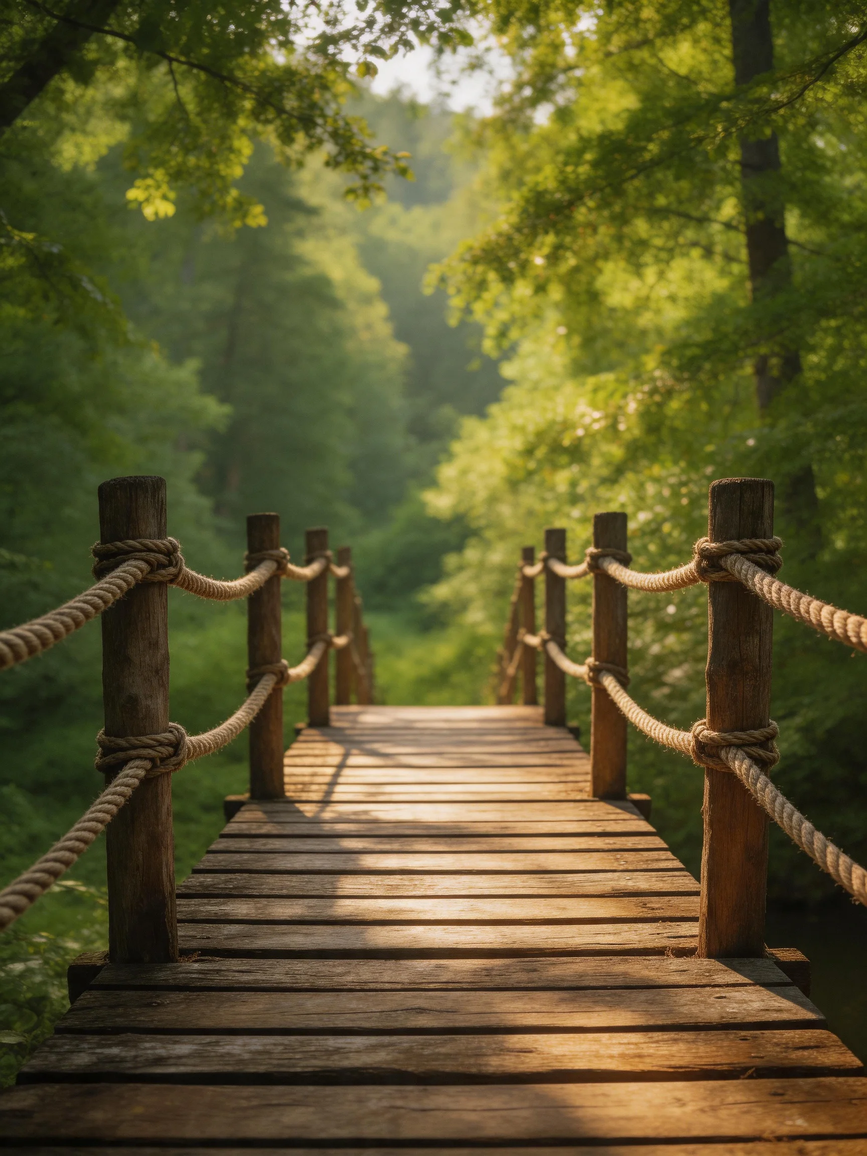 A weathered wooden bridge spans a lush green forest trail