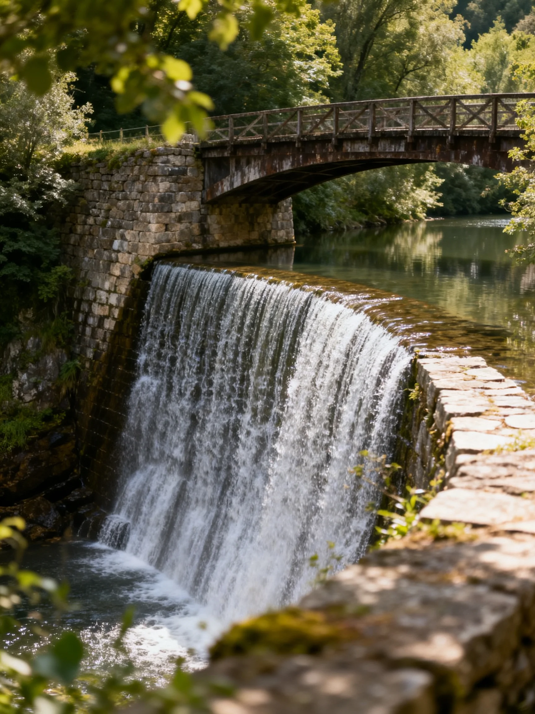A weathered wooden bridge spans over a stone waterfall with cascading water