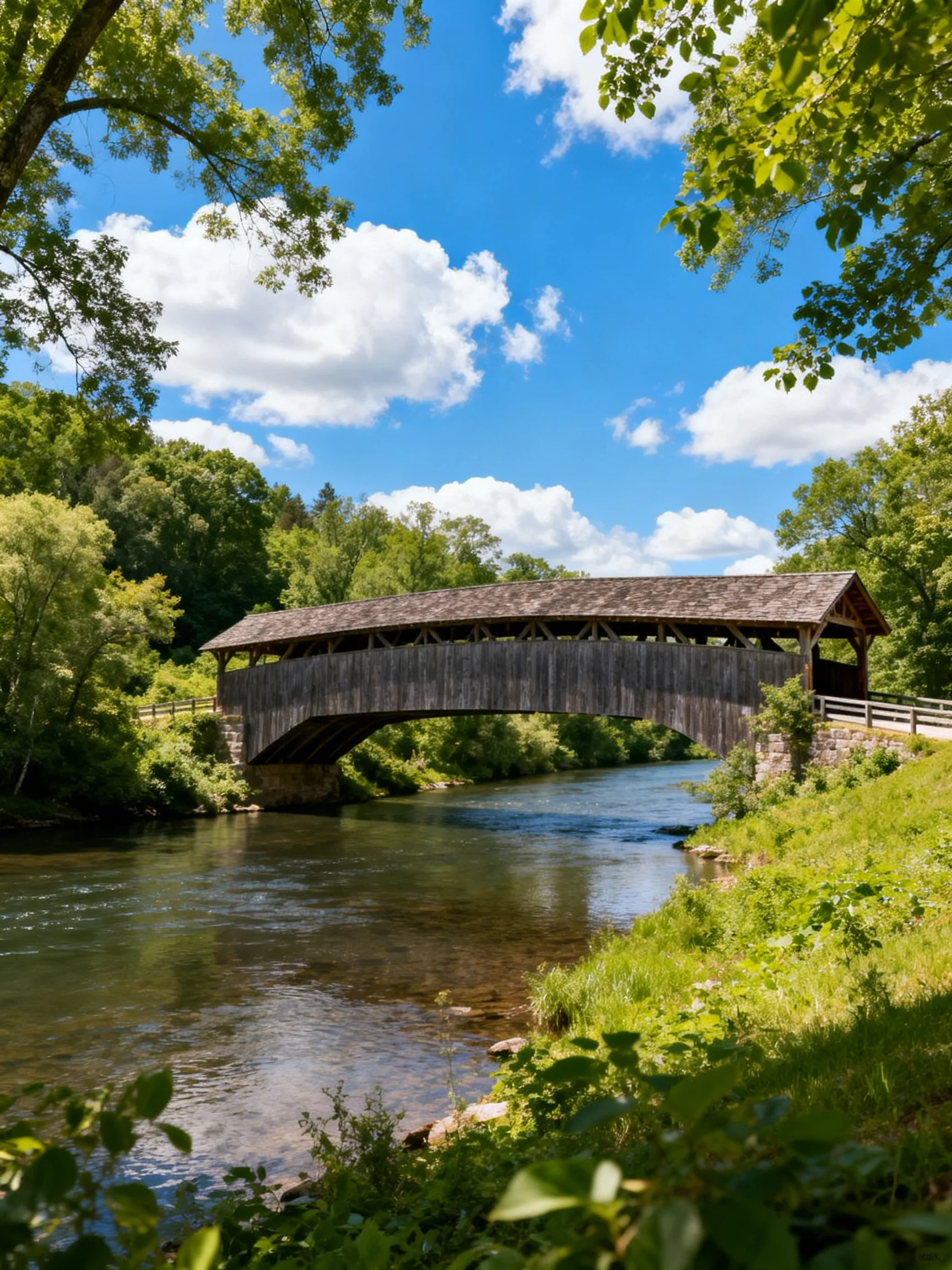 A weathered wooden covered bridge spans a calm river amid lush greenery