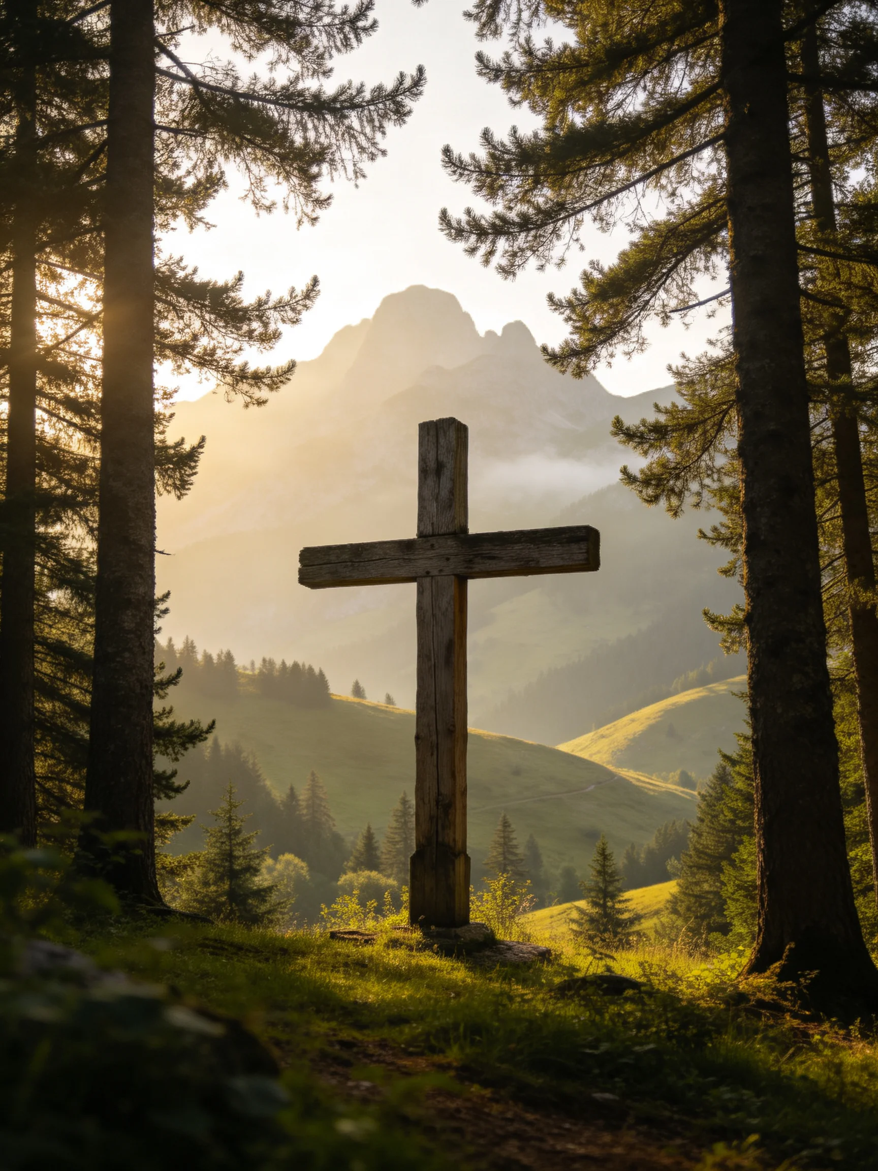 A weathered wooden cross amid pine trees near misty mountains