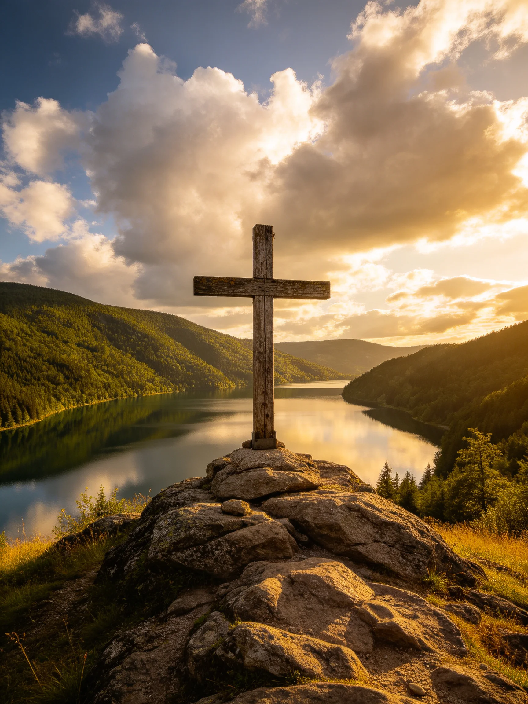 A weathered wooden cross atop rocky terrain near a serene lake