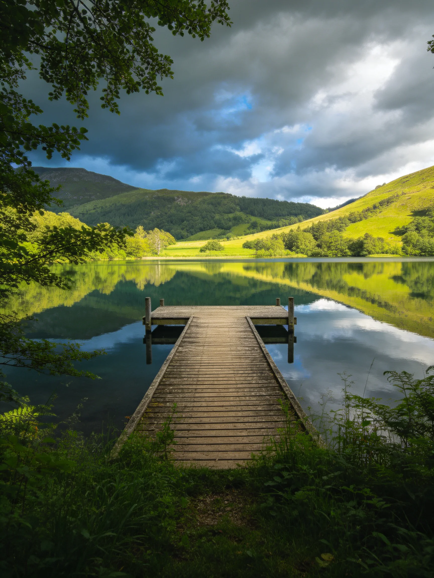 A weathered wooden dock extends into a calm, reflective lake with green hills
